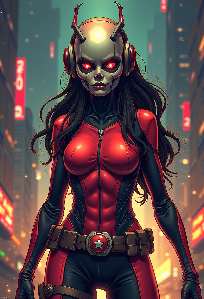 Zombie Ant-man Wanda Maximoff in Earth-616 in the scifi style of Boris Vallejo, pixel art