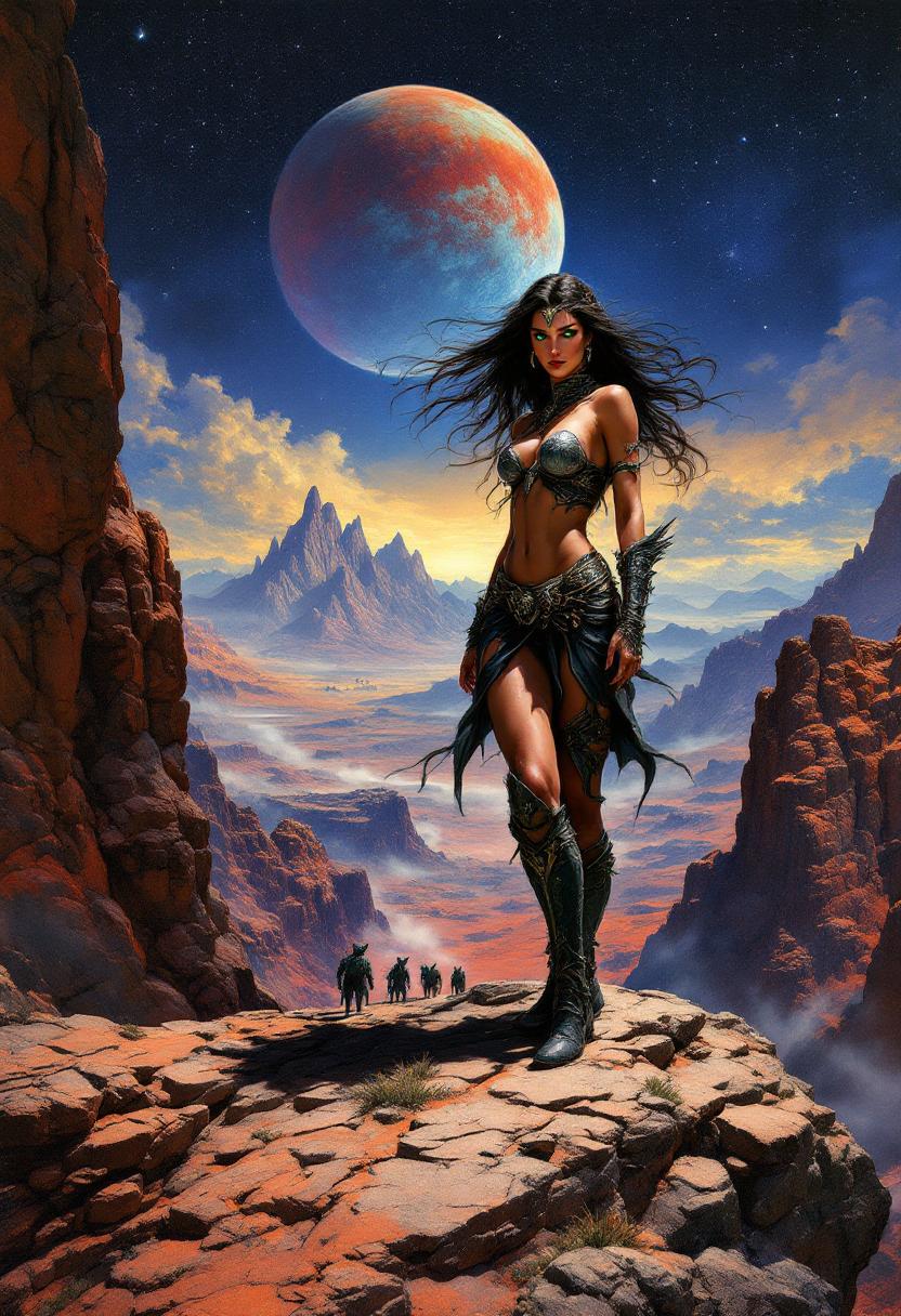 A stunning, dynamic painting in the iconic style of Frank Frazetta, capturing the essence of "The Princess of Mars" by Edgar Rice Burroughs. The scene features a powerful and fierce Martian princess standing tall on a rocky cliff overlooking a vast alien landscape filled with vibrant reds and oranges of the Martian terrain. She is adorned in intricate, flowing armor that reflects both her warrior spirit and beauty, with long, flowing hair that dances in the wind. Her striking green eyes radiate confidence and strength. In the background, colossal mountains rise against a twilight sky sprinkled with stars, showcasing the ethereal beauty of Mars. A group of fantastical creatures can be seen in the distance, adding to the sense of adventure. The composition should be dynamic and immersive, drawing the viewer into this fantastical realm, with bold brush strokes and a vivid color palette that enhance the dramatic mood of the scene.