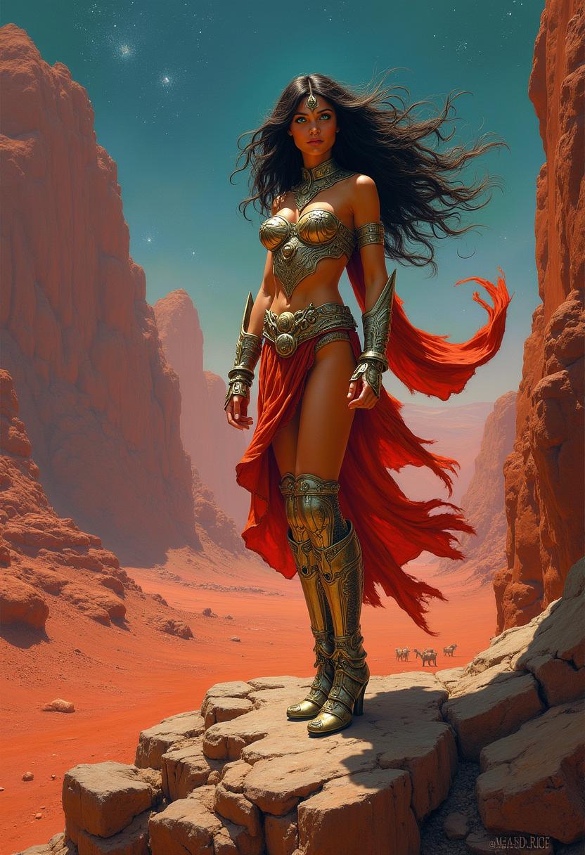 A stunning, dynamic painting in the iconic style of Frank Frazetta, capturing the essence of "The Princess of Mars" by Edgar Rice Burroughs. The scene features a powerful and fierce Martian princess standing tall on a rocky cliff overlooking a vast alien landscape filled with vibrant reds and oranges of the Martian terrain. She is adorned in intricate, flowing armor that reflects both her warrior spirit and beauty, with long, flowing hair that dances in the wind. Her striking green eyes radiate confidence and strength. In the background, colossal mountains rise against a twilight sky sprinkled with stars, showcasing the ethereal beauty of Mars. A group of fantastical creatures can be seen in the distance, adding to the sense of adventure. The composition should be dynamic and immersive, drawing the viewer into this fantastical realm, with bold brush strokes and a vivid color palette that enhance the dramatic mood of the scene.