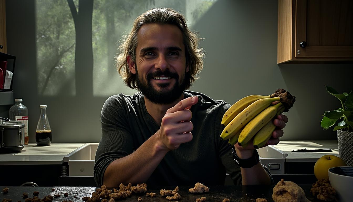 a photo of TOK, a man holding a bunch of bananas