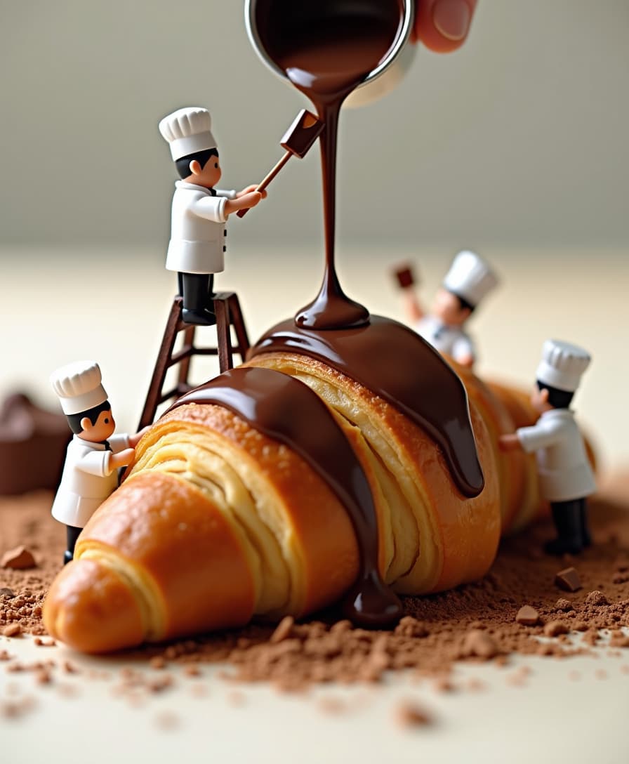 A group of tiny bakers decorating a freshly baked croissant with chocolate. One chef stands on a small ladder, carefully pouring a stream of glossy melted chocolate from a tiny bucket, while others use miscule spatulas to spread it evenly. Chocolate shavings and cocoa powder are artfully arranged around them, enhancing the richness of the scene.