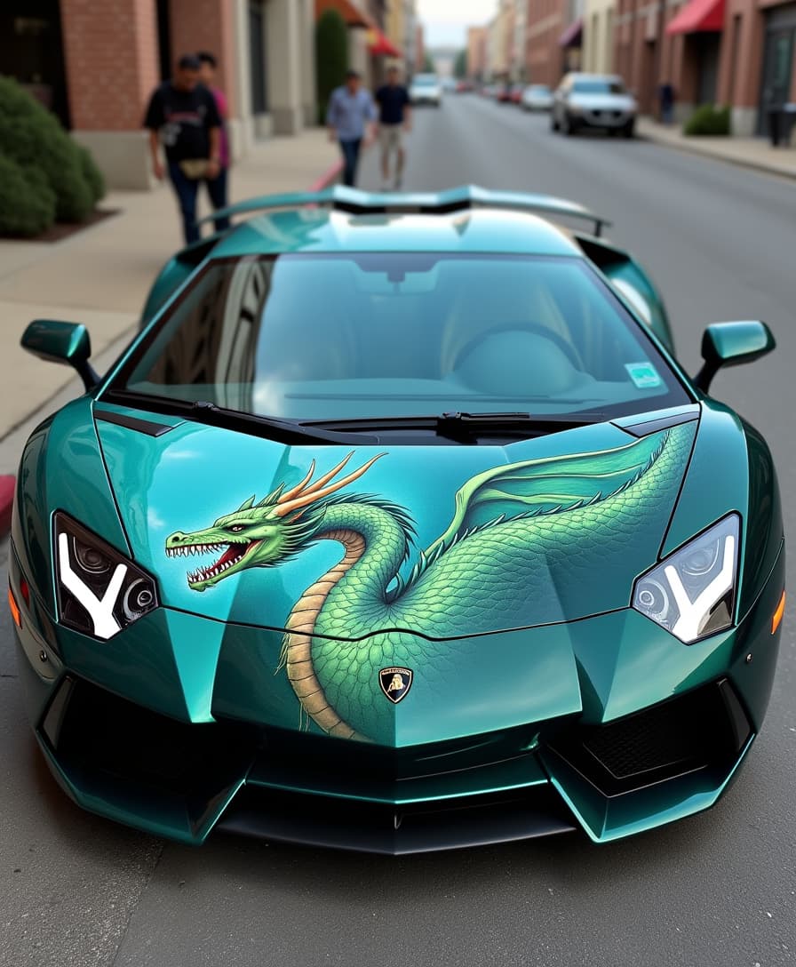 lamborghini with a ferocious teal dragon wyrm painting on the hood, photography 