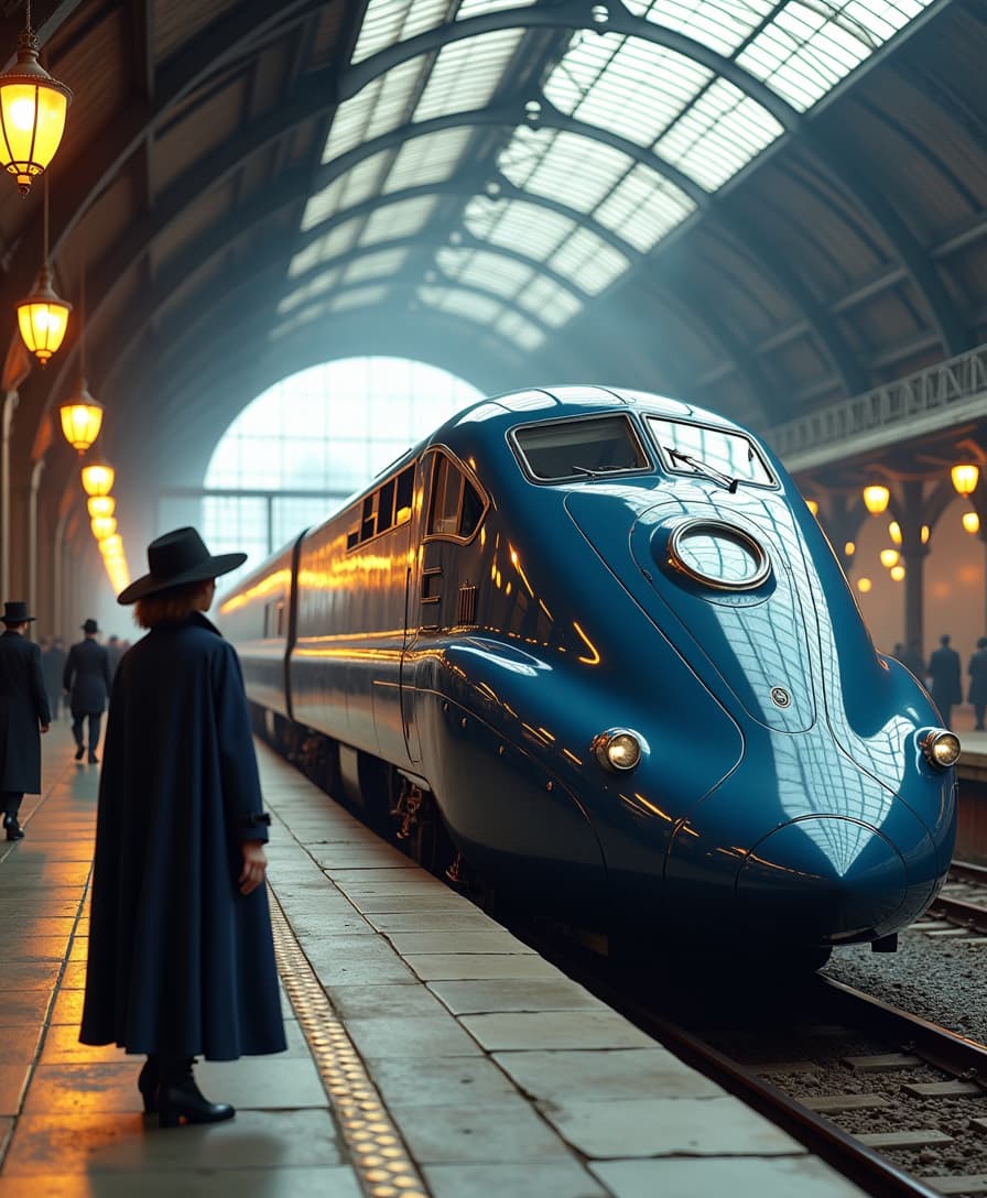 A hyperreal, big-budget motion-picture still capturing an enclosed, ornate glass-roof train station under overcast yet evenly diffuse daylight. The vantage point is just behind a woman standing on the stone platform near the train. She wears a wide-brimmed black hat (#0F0F0F), a flowing charcoal cloak (#1B1B1E), and a deep navy skirt (#1F2A3C). The camera is positioned at her shoulder level, so she occupies the left foreground, gazing toward a retro-futuristic locomotive in lustrous cobalt-navy (#1A2E48) that’s pulled up alongside the platform to the right. Its sleek, streamlined hull features a rounded nose and small viewing dome, hinting at an alternative 1930s design. A row of warm golden pendant lamps (#F2D2A6) hangs from the station’s curved metal supports (#6B6B68), reflecting off the train’s polished plating. Gentle wafts of steam (#D2CBC0) drift around the locomotive’s top vents, contributing to a subdued haze but leaving the scene well-lit. The floor is paved with slightly worn sandstone tiles (#918675), partially damp and mildly reflective under the soft overhead light. Additional travelers in early 20th-century coats and hats bustle behind her, suggesting a lively departure scene. Shot as if on an ARRI Alexa 65 at 50mm T2.0 with advanced color grading and physically based rendering, every detail--fabric folds, rivets, tinted windows--appears truly photoreal, indistinguishable from a live-action film. Position the woman and train so they dominate the frame: the woman in the near-left foreground, the locomotive’s curved side and front clearly visible alongside the platform on the right. just the grand vaulted station interior, the retro-futuristic train, and the woman ready to board. --no visible sky no dark corners or harsh shadows no painterly edges no drifting perspective onto the tracks no visible sky no illustrated 