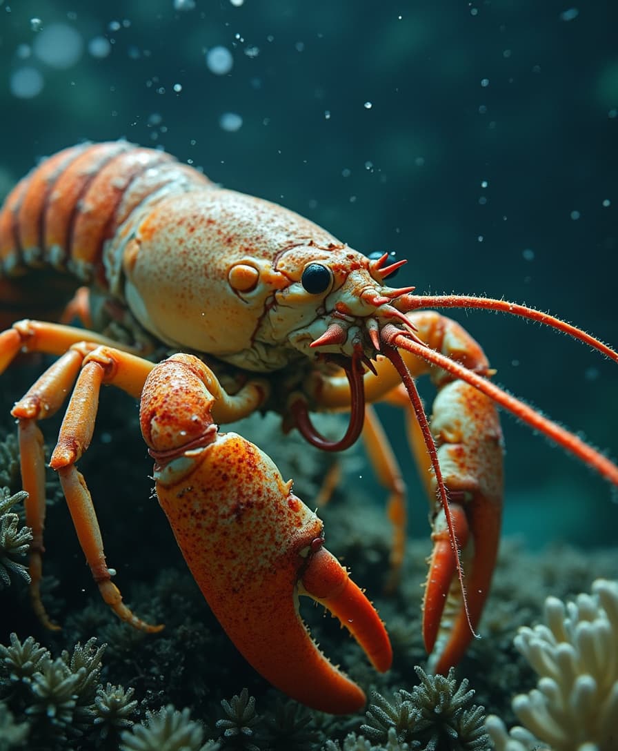Underwater art photography of a lobster. Analog shot. Grainy. Low exposure. Dark colors. Cinematic feel. National Geographic winning photo. 