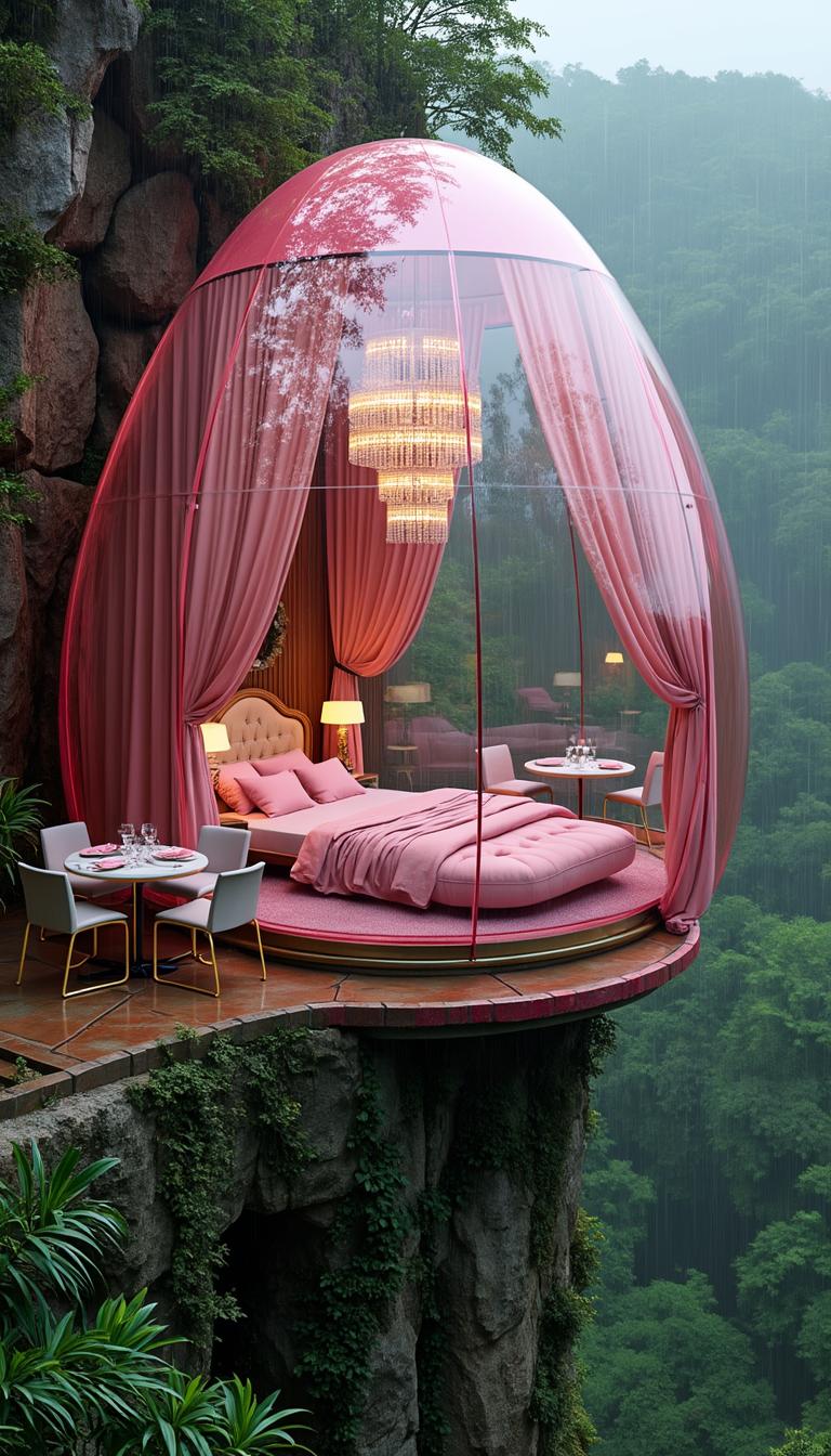 A transparent, pink, glass, giant, egg-shaped hotel perched on a cliff, with a bed and tables inside. A large window overlooks the green forest. The interior features luxurious furniture, fluffy curtains, a pink bed sheet, and a crystal chandelier hanging from the ceiling. A pink sofa sits near a table, and an outdoor dining area on the terrace is surrounded by a stone wall. Outside, it's a rainy day, with a view of the jungle below. 