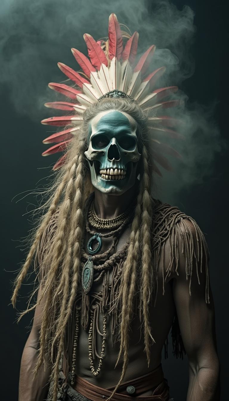 The image primarily depicts a figure, embodying the skeleton of a Native American figure from the Shoshone tribe of Wyoming, against a black and grey background. This surreal photorealistic composition features a skeleton in the foreground, his long, dusty old hair arranged in an elaborate tousled crest hairstyle, interwoven with red and lighter elements that suggest feathers or ornaments. His skull is accentuated by distinctive facial makeup. The figure's athletic and sturdy medium build is emphasized by his upright posture, which projects an imposing presence. Dressed in worn, dusty attire reminiscent of the traditional clothing of North American indigenous peoples, he wears a dark brown or earth-toned garment, possibly leather, decorated with fringes, and a collar that highlights the intricate fringe details. The dark blue-green makeup partially covering his face extends across the width of his forehead, eye sockets and cheeks, hinting at a ceremonial or ritualistic significance. This fantastical cinematic scene is further enhanced by volumetric lighting that bathes the figure, casting dramatic shadows and creating an ethereal atmosphere, while subtle smoke rises around him, adding to the mystery and depth of the composition. Overall, the image suggests a narrative steeped in history.