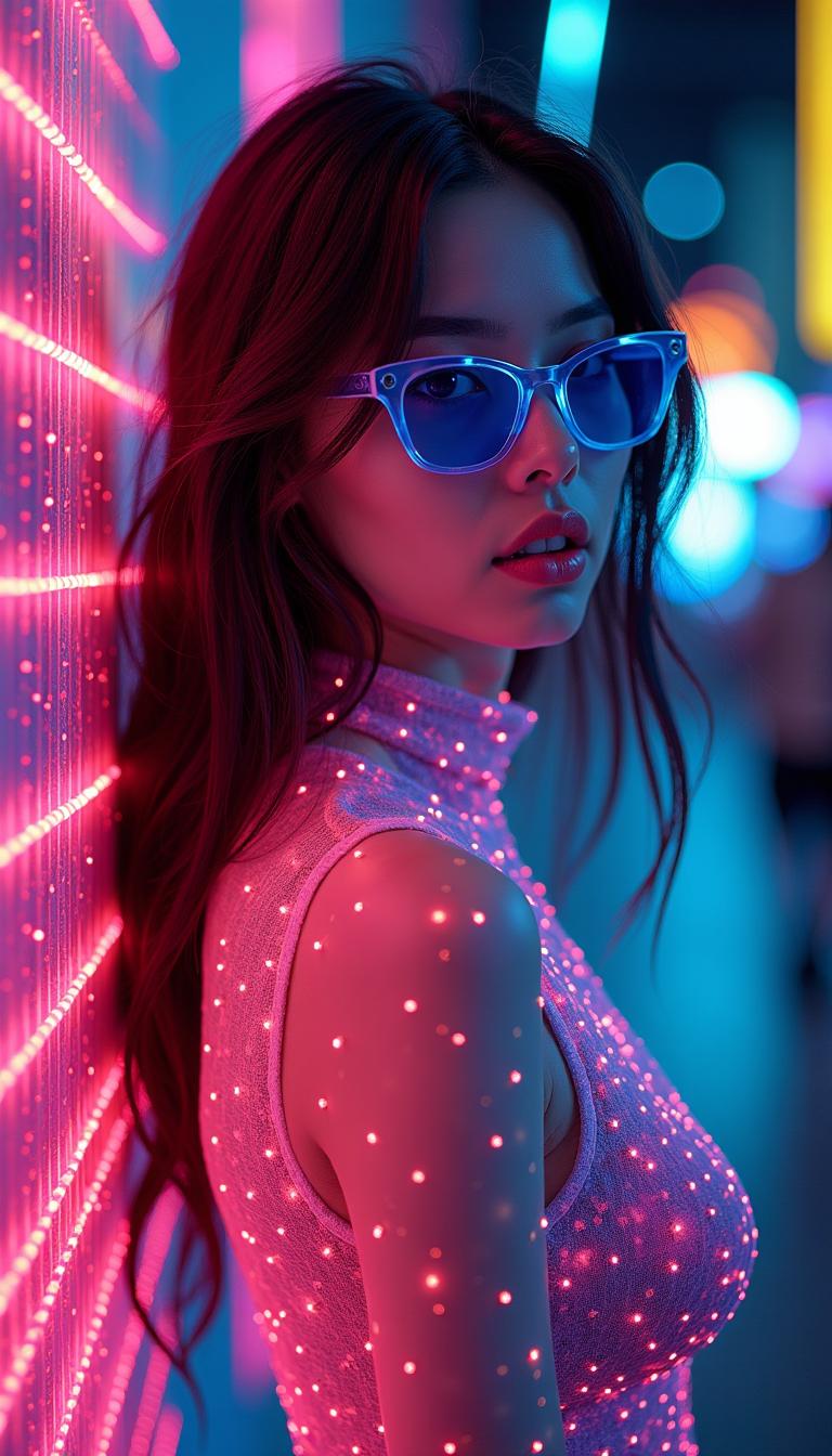 a full body bio limerent woman looking at viewer, Futuristic retro vaporwave, neon woman with long messy wavy hair, wears blue sunglasses, lights densely packed, mimicking the contours and features of a woman's body, bio-luminescent, translucent, cinematic, Film light, surreal hallucinatory intricately detailed, fairy lights, captures viewers with beauty and mesmerism, Hyper detailed, Hyper realistic, masterpiece, atmospheric, High resolution, Vibrant, CLEAR CRIMSON/AMBER/Cyan/purple, light particles, colorful, backlit, cyberpunk