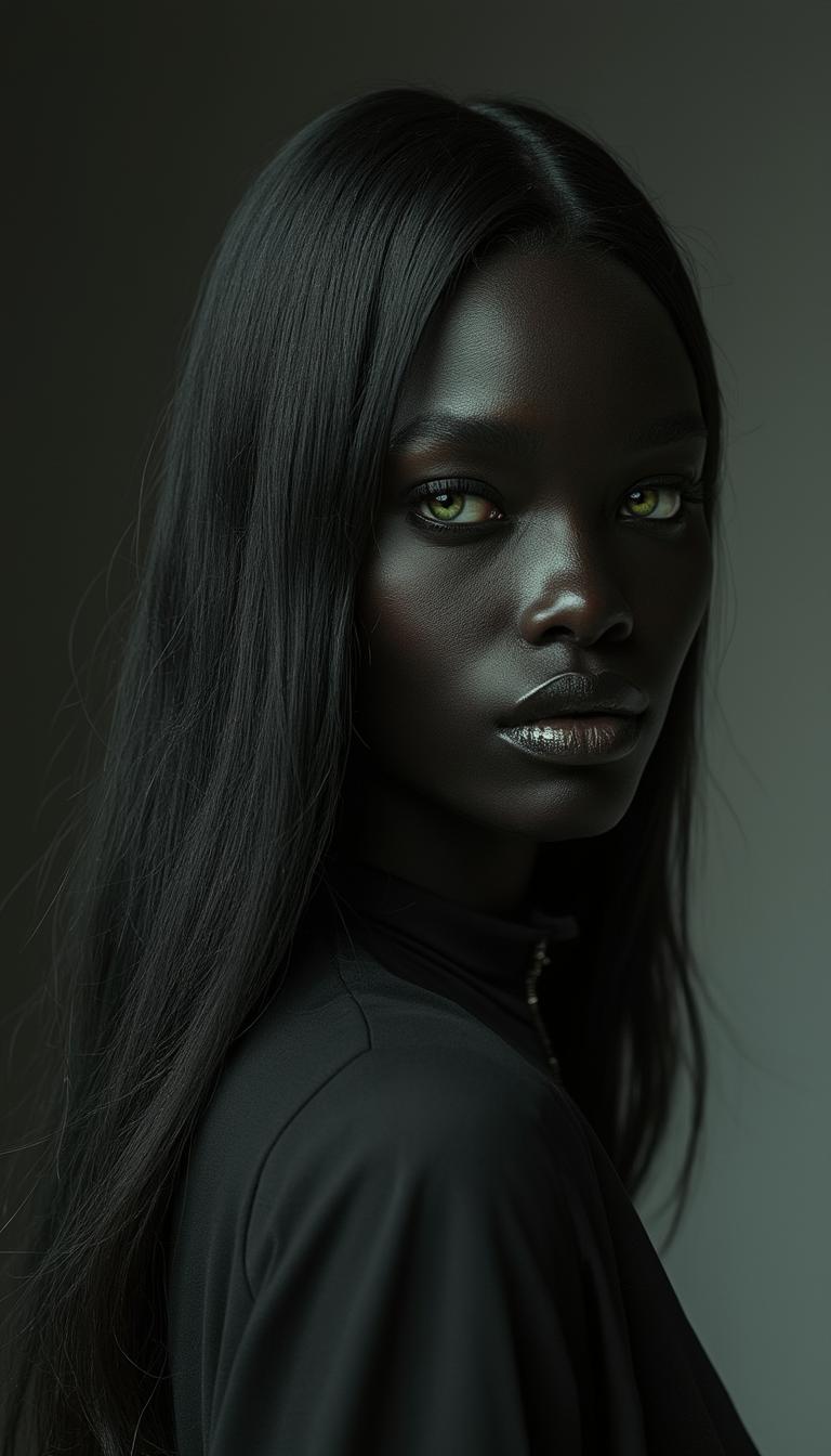 In a minimalist photography style, capture a stunning standing woman with a profound sense of elegance, featuring very dark black skin that exudes warmth and beauty. Her face is a masterpiece, with well-defined features and a subtle, enigmatic smile. Her deep black long hair cascades down her back, framing her exquisite face and drawing attention to her striking green eyes that pop against her dark skin and hair. Every article of clothing and accessory she wears is rendered in matte black, creating a sense of cohesion and chic sophistication. The dark background and subtle lighting emphasize her porcelain-like complexion, while her green eyes sparkle like emeralds, drawing the viewer in. The overall mood is one of understated glamour and refinement, highlighting the subject's natural beauty and poise.