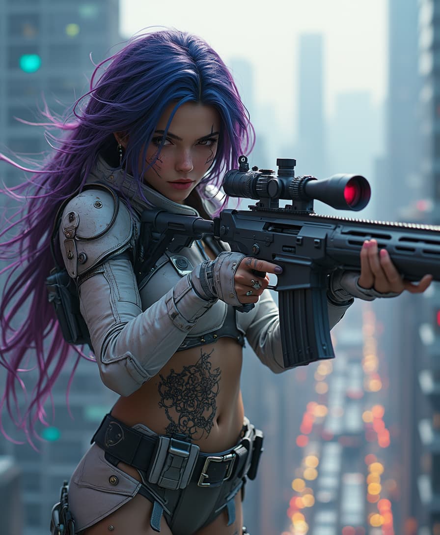 In a cyberpunk world: A good looking female cyberpunk with long hair flowing from purple to dark blue towards viewer, dressed in light worn armor. She has som cybernetic implants. She is standing on a skyscraper in a futuristic cyberpunk city aiming a futuristic large sniper rifle.