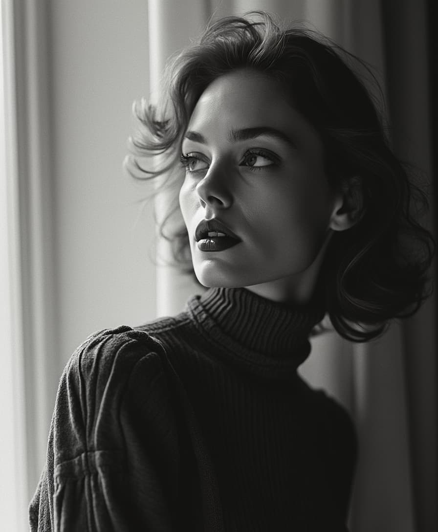 A cinematic image of an actress, Fashion editorial feel, modern, taken by Jeanloup Sieff, 