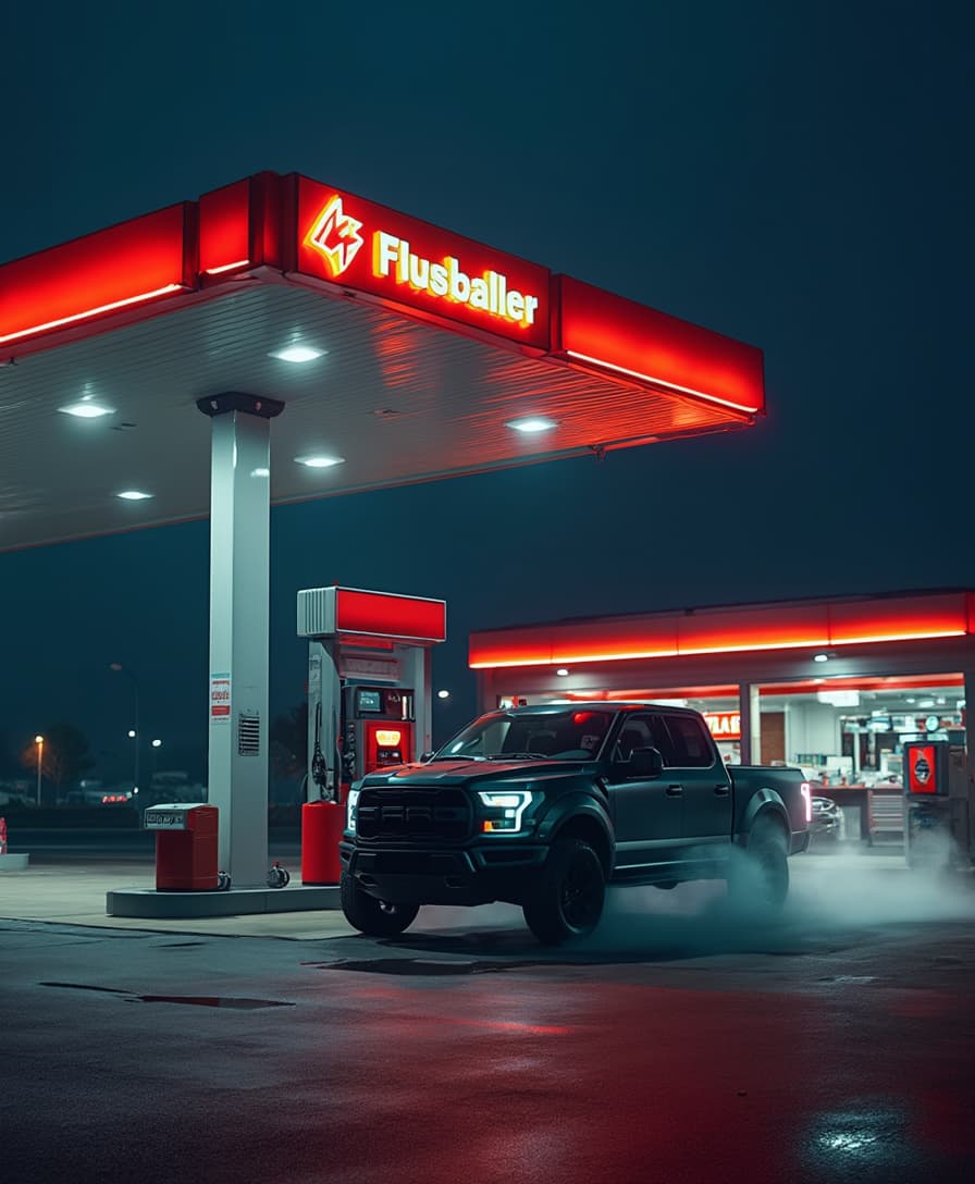 Cinematic nighttime shot of a modern gas station with bright neon red and white branding. A diesel-powered SUV or pickup truck is parked at the station, emitting a subtle misty exhaust. The scene is illuminated by overhead station lights and vehicle headlights, creating a dramatic contrast against the deep blue night sky. The gas station has a sleek, contemporary design with a well-lit service area in the background. The ground reflects the ambient lighting, enhancing the photorealistic, high-end automotive photography feel. The composition maintains a wide-angle, low-perspective shot for a powerful and immersive look 