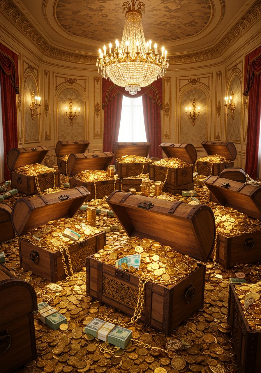 A stunningly decorated room overflowing with treasure chests bursting with gold coins and bills, luxurious and opulent atmosphere, symbolizes wealth and success, 8k resolution