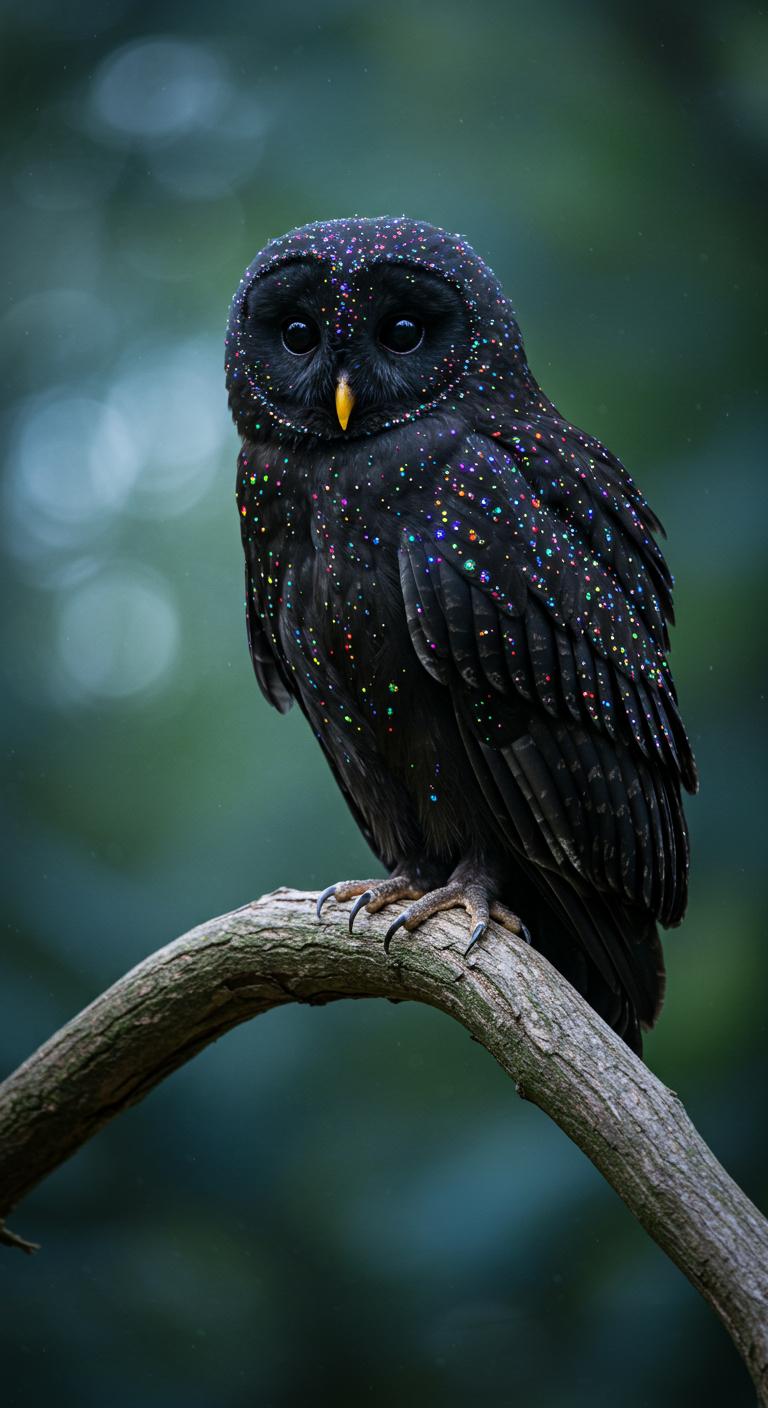 full body photograph of an black owl with rainbow sparkling dots. sitting on a branch 