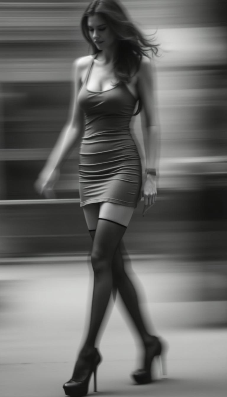 Full-body, blurry black-and-white photograph of a woman in a short dress, stockings, and heels, with a motion blur effect.