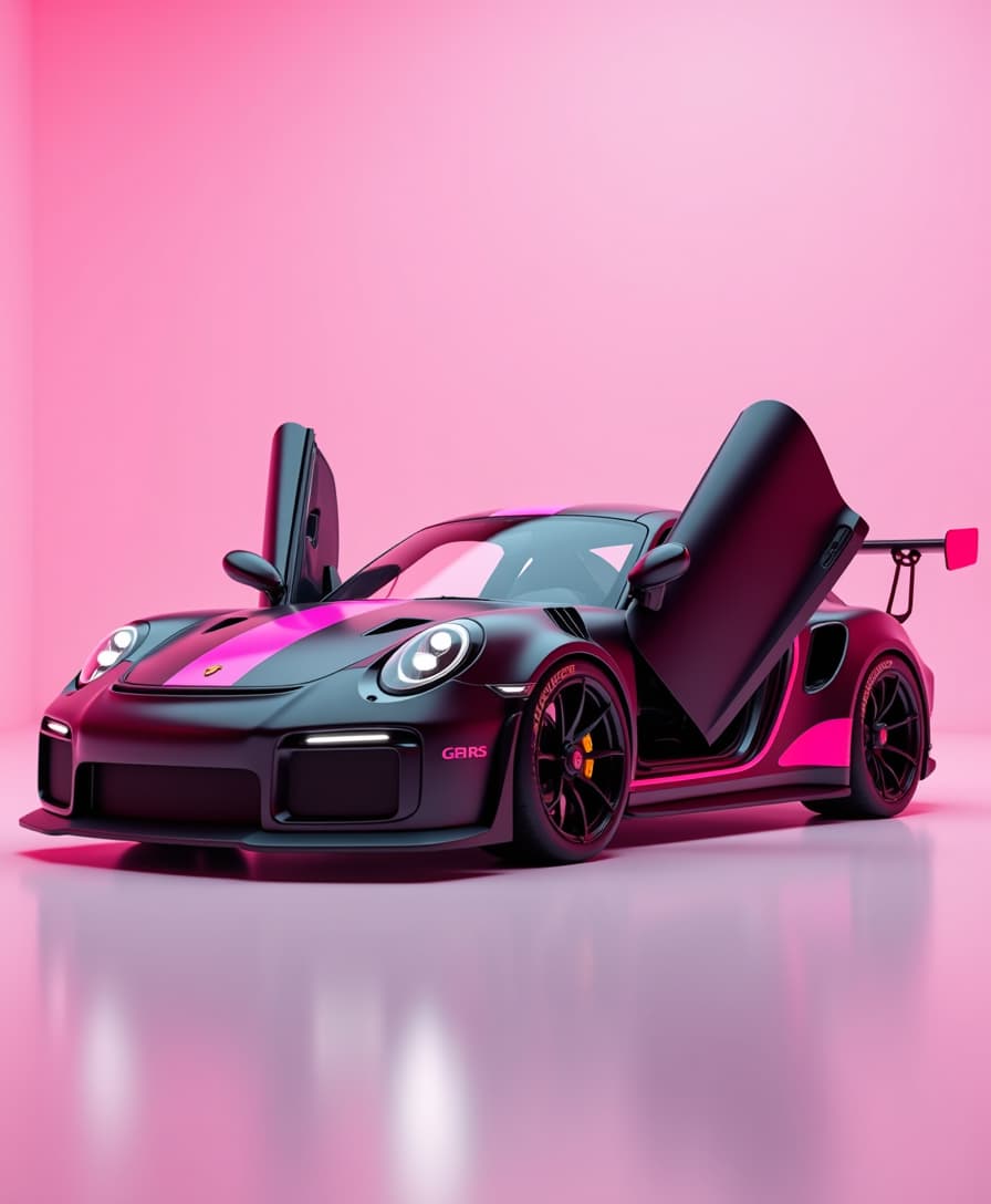 A black Porsche GT3 RS with pink fluo elements with a race car body kit, against a solid pink pastel background, side view with open doors , low-angle shot, in a minimalist style, high resolution, high quality, high detail, cinematic lighting, photorealistic, hyperrealistic, super detailed, highly detailed, no words in the car, futuristic, the rendering is done using Octane