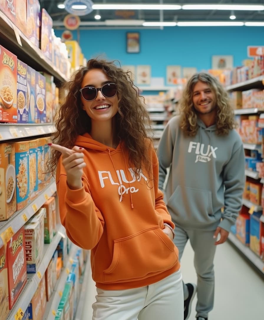 photo of two people in the store, one woman with long curly brown hair and sunglasses wearing an orange sweater and white pants standing next to each other posing for photo smiling at camera while pointing towards Cereal aisle , behind them is another man with wavy dark blonde or greyish-brown shoulder length hair also wearing sweatshirt and sneakers dancing in front of product shelves, they both wear different colored hoodies, with "Flux Pro" written on their houodlasses
