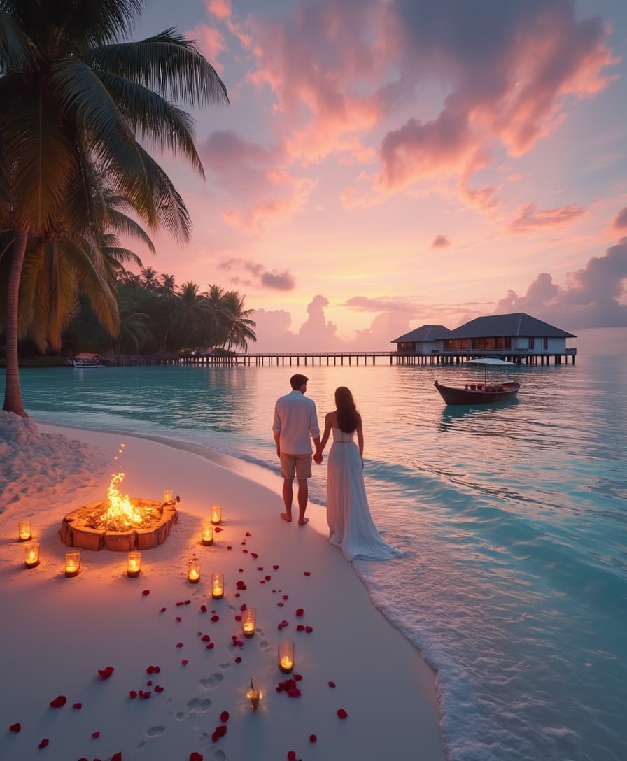 A dreamy and romantic Valentine’s Day travel scene, featuring a couple standing on a secluded white-sand beach at sunset, holding hands as the waves gently touch their feet. A heart-shaped island is visible in the background, surrounded by crystal-clear turquoise waters. The scene includes a luxury overwater villa decorated with rose petals, candle-lit dinners on the shore, and a wooden boat adorned with lanterns floating nearby. The sky is painted in soft pink and purple hues, with heart-shaped clouds drifting above. A trail of footprints in the sand leads to a cozy private bonfire where champagne glasses sparkle under fairy lights. Ultra-realistic, cinematic lighting, 8K resolution, National Geographic-style photography, breathtaking composition. 