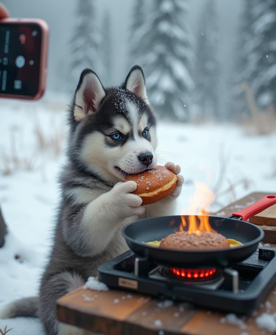 Outside in the snowy mountains, a small Siberian Husky puppy is holding a hamburger bun. There is a wooden table with a lit portable gas stove on it, and a frying pan is placed on top of the stove. The scene is being filmed with an iPhone.