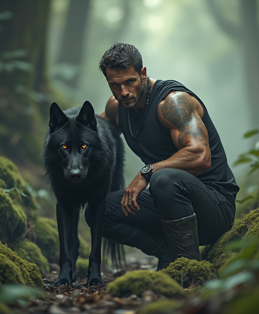 A muscular tattooed man with a black sleeveless shirt crouching in a mystical forest, beside him a large black wolf with glowing orange eyes. The scene has a cinematic and fantasy feel, with soft light filtering through the trees. The man's expression is calm yet intense, and the wolf looks fierce and majestic. The background is lush green with moss-covered rocks and mist in the air.
