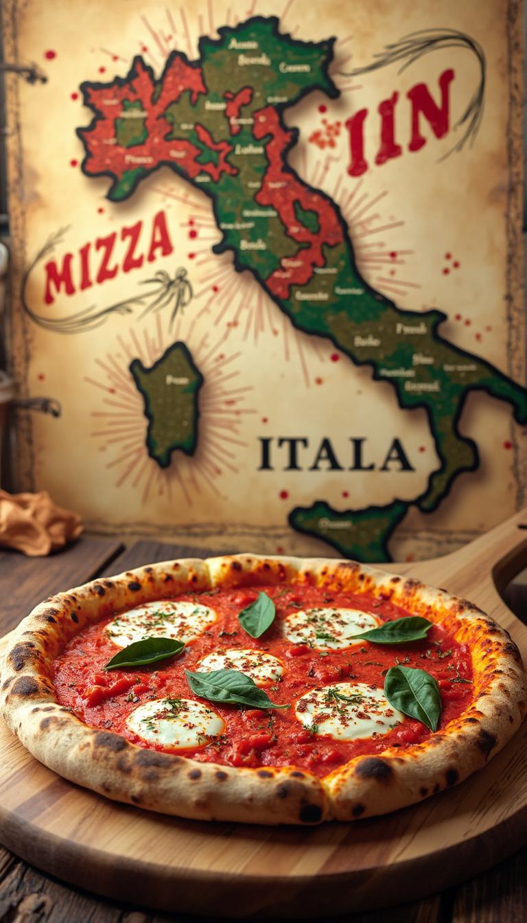 A highly realistic and vibrant truck cover design for a pizza food truck, showcasing an artistic yet detailed map of Italy in the background. In the foreground, a mouthwatering Neapolitan pizza with a perfectly charred crust, rich tomato sauce, fresh mozzarella, and basil leaves sits on a rustic wooden pizza peel. The colors are warm and inviting, featuring red, green, and white tones inspired by the Italian flag. The design has a professional yet artisanal feel, with bold typography that reads ‘Authentic Neapolitan Pizza’ or ‘Pizza Truck Italia’ in a stylish vintage font. The scene is well-lit with natural highlights, emphasizing textures like melted cheese, crispy dough, and fresh ingredients. The overall composition is clean, dynamic, and perfect for branding a pizza truck, ensuring high visibility and appeal.