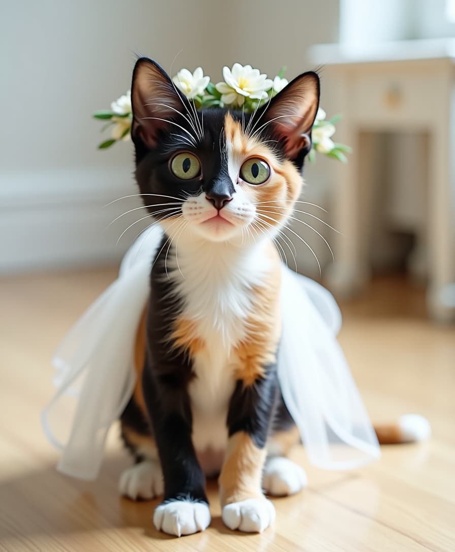 A tricolor cat (black, orange and white) with large, expressive green eyes. She has an asymmetrical coat pattern, with her face divided between black and orange, and a black patch covering part of her nose. Its body is slender, with white paws and a long, thin tail with a light tip. She has a black nose. She wears a white dress like a bride. The space is indoors, with a light wooden floor and a tall white bench in the background. The cat has a curious expression and a fixed gaze, appearing slightly surprised. It makes the dress appear a little more and makes her have an ornament on her head like a crown of wild flowers.