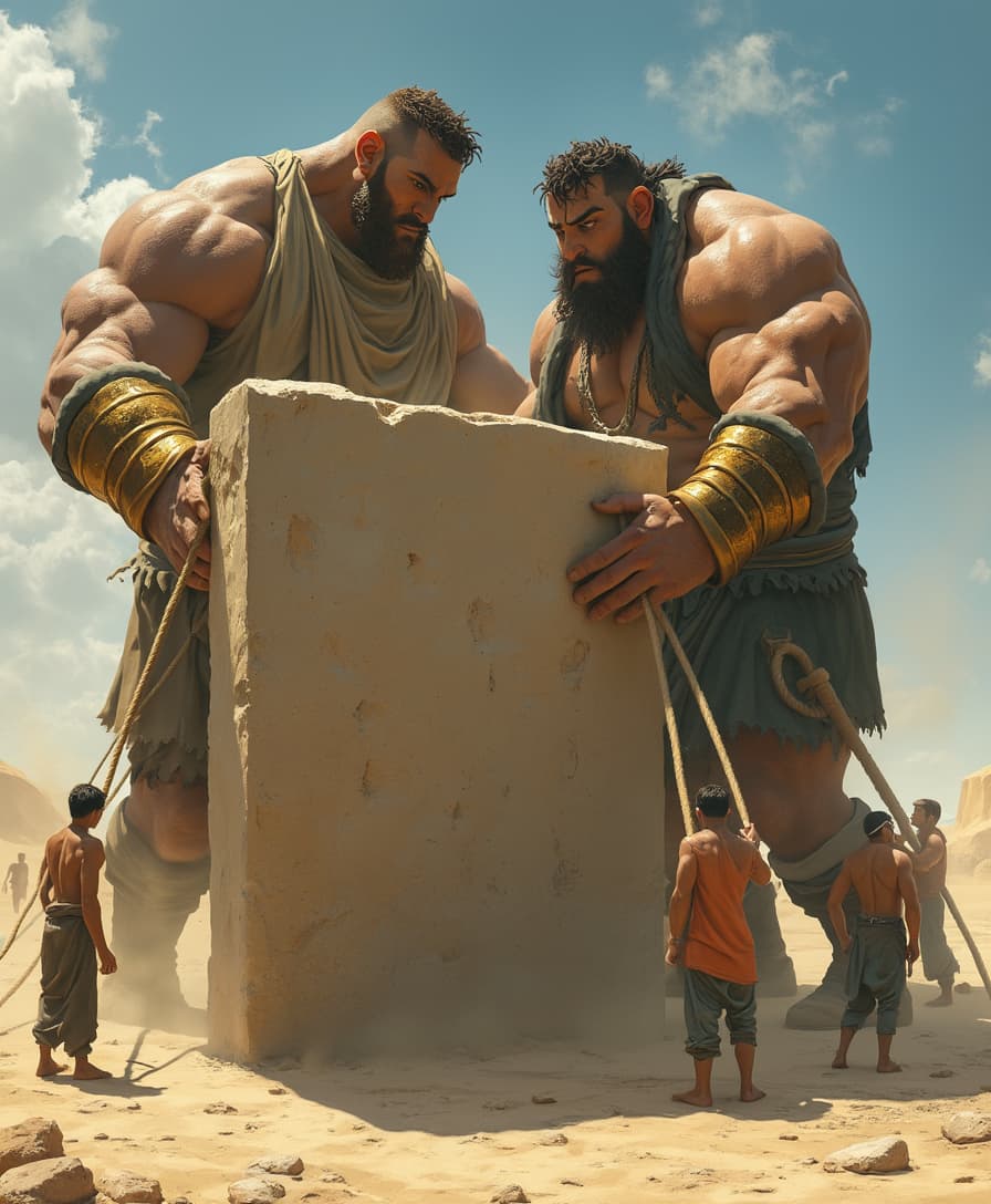 Two muscular giants strain as they lift a colossal stone slab, their golden accessories glinting in the sunlight. Human workers use ropes and wooden levers to assist, their faces tense with effort. The desert wind carries dust through the air as the block slowly rises, casting a long shadow on the sand.