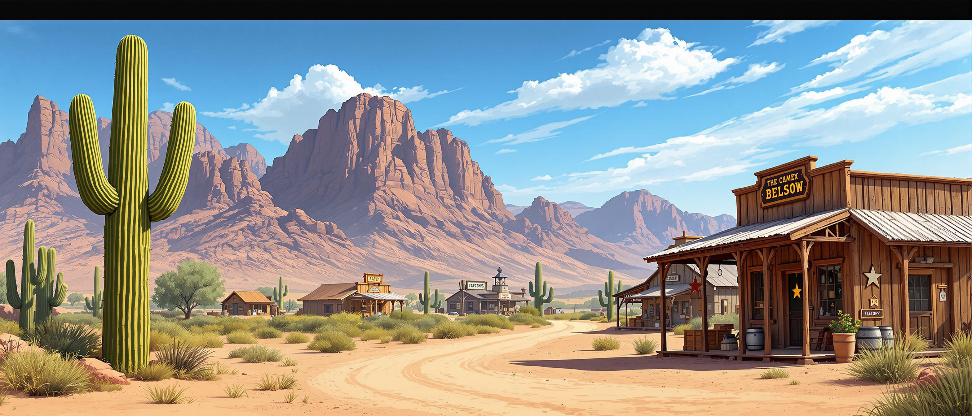 This image depicts a tranquil scene of a desert town, reminiscent of the American Old West. The art style is realistic with a touch of impressionism, capturing the play of light and shadow on the rugged terrain. The medium appears to be a highresolution photograph, given the clarity and detail in the image.Colors in the image are warm and earthy, with the dominant hues being browns, greens, and blues. The sky is a clear, bright blue with wispy clouds, suggesting a sunny day. The desert floor is a dusty brown, and the wooden structures have a natural, weathered look, with varying shades of brown and gray.Objects in the image include1. A tall saguaro cactus stands prominently on the left, with its distinctive cylindrical shape and spiky arms. The cactus is green with hints of yellow, indicating it may be in a state of drought or its a younger plant.2. To the right, theres a weathered wooden building with a corrugated metal roof. The building has a porch supported by wooden columns and beams, with a rustic charm. On the porch, there are several objects including a large barrel, a metal bucket, and a wooden crate. A star decoration hangs on the wall, adding to the oldwestern aesthetic.3. In the background, there are several similar wooden buildings, each with a porch and various items on display, suggesting they are shops or homes. The buildings are set against a backdrop of rugged mountains with steep cliffs, creating a majestic and imposing presence.4. Sparse desert vegetation can be seen, with small shrubs and bushes dotting the landscape, adding a touch of life to the otherwise barren terrain.5. The dirt road in the center of the image leads towards the mountains, inviting the viewer to imagine the journey one might take through this desert town.Overall, the image evokes a sense of nostalgia and tranquility, capturing the essence of a bygone era in the American Southwest.