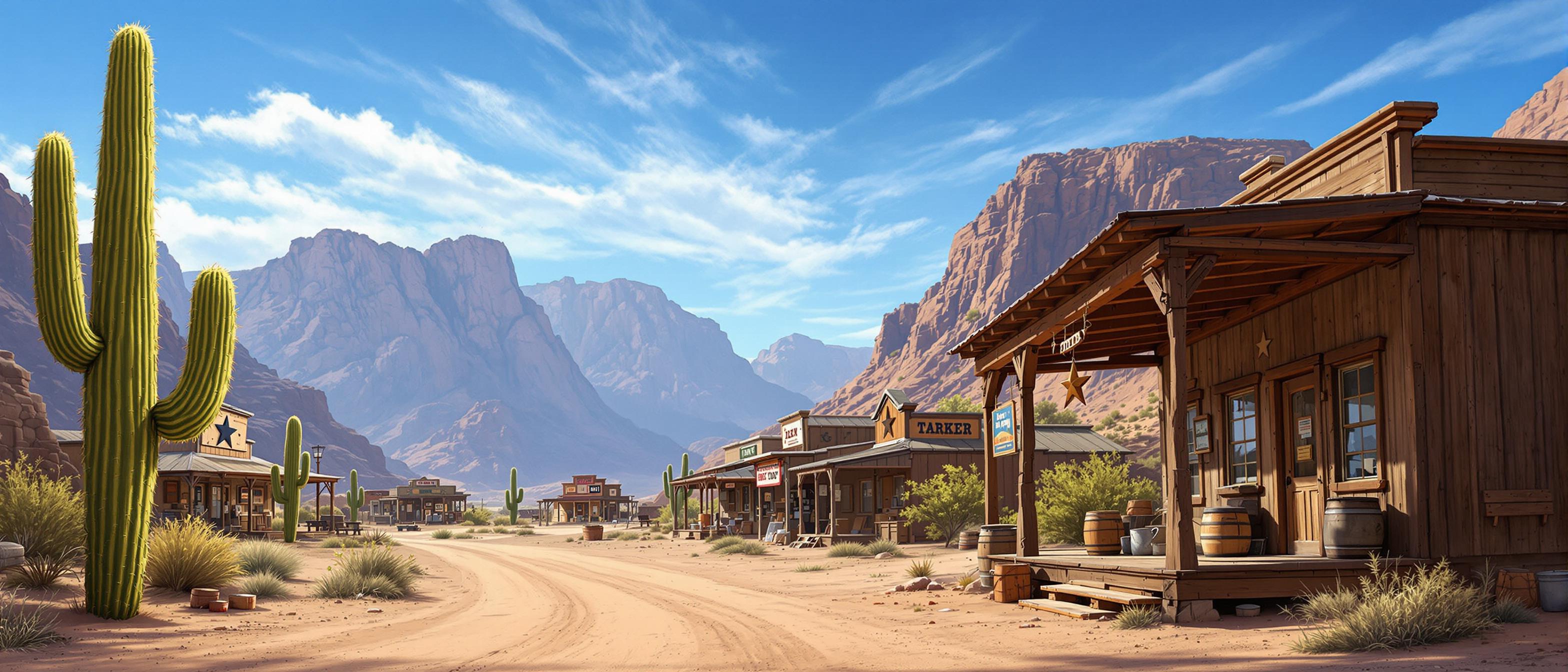 This image depicts a tranquil scene of a desert town, reminiscent of the American Old West. The art style is realistic with a touch of impressionism, capturing the play of light and shadow on the rugged terrain. The medium appears to be a highresolution photograph, given the clarity and detail in the image.Colors in the image are warm and earthy, with the dominant hues being browns, greens, and blues. The sky is a clear, bright blue with wispy clouds, suggesting a sunny day. The desert floor is a dusty brown, and the wooden structures have a natural, weathered look, with varying shades of brown and gray.Objects in the image include1. A tall saguaro cactus stands prominently on the left, with its distinctive cylindrical shape and spiky arms. The cactus is green with hints of yellow, indicating it may be in a state of drought or its a younger plant.2. To the right, theres a weathered wooden building with a corrugated metal roof. The building has a porch supported by wooden columns and beams, with a rustic charm. On the porch, there are several objects including a large barrel, a metal bucket, and a wooden crate. A star decoration hangs on the wall, adding to the oldwestern aesthetic.3. In the background, there are several similar wooden buildings, each with a porch and various items on display, suggesting they are shops or homes. The buildings are set against a backdrop of rugged mountains with steep cliffs, creating a majestic and imposing presence.4. Sparse desert vegetation can be seen, with small shrubs and bushes dotting the landscape, adding a touch of life to the otherwise barren terrain.5. The dirt road in the center of the image leads towards the mountains, inviting the viewer to imagine the journey one might take through this desert town.Overall, the image evokes a sense of nostalgia and tranquility, capturing the essence of a bygone era in the American Southwest.