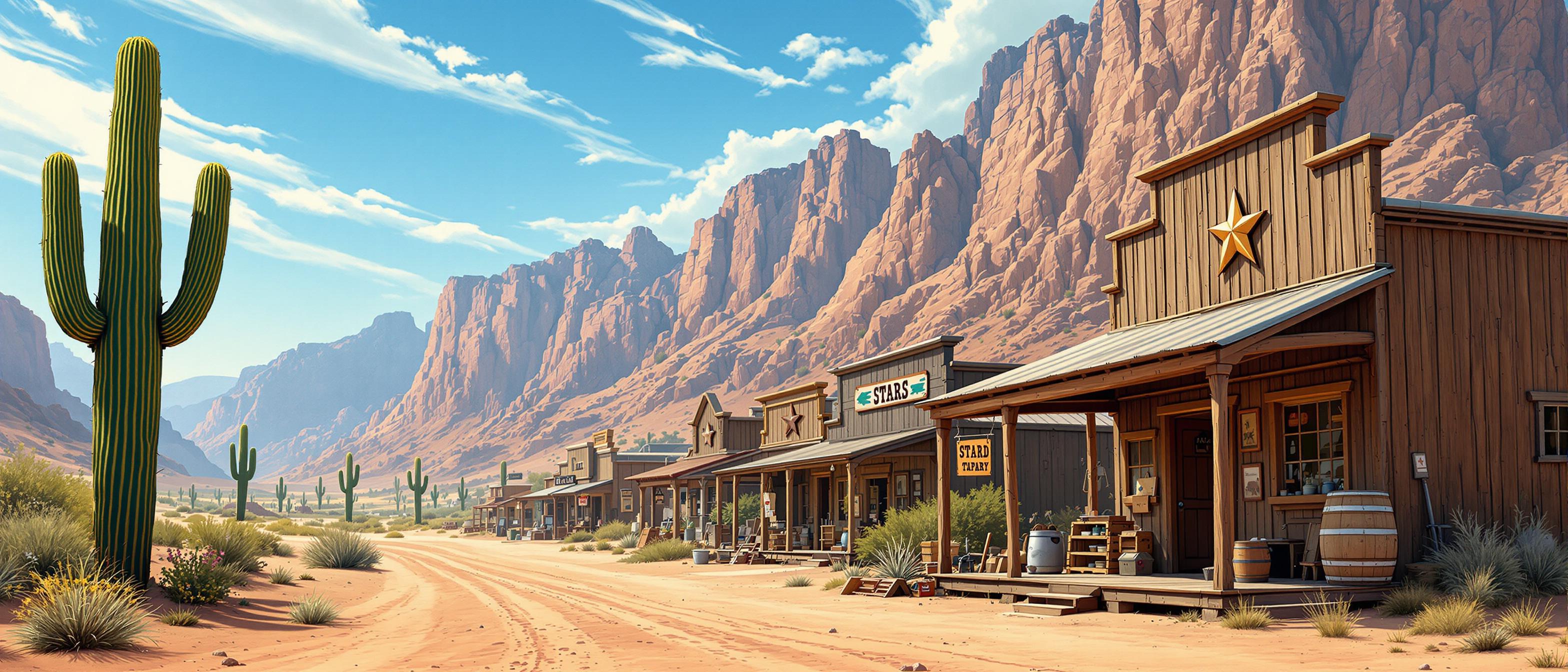 This image depicts a tranquil scene of a desert town, reminiscent of the American Old West. The art style is realistic with a touch of impressionism, capturing the play of light and shadow on the rugged terrain. The medium appears to be a highresolution photograph, given the clarity and detail in the image.Colors in the image are warm and earthy, with the dominant hues being browns, greens, and blues. The sky is a clear, bright blue with wispy clouds, suggesting a sunny day. The desert floor is a dusty brown, and the wooden structures have a natural, weathered look, with varying shades of brown and gray.Objects in the image include1. A tall saguaro cactus stands prominently on the left, with its distinctive cylindrical shape and spiky arms. The cactus is green with hints of yellow, indicating it may be in a state of drought or its a younger plant.2. To the right, theres a weathered wooden building with a corrugated metal roof. The building has a porch supported by wooden columns and beams, with a rustic charm. On the porch, there are several objects including a large barrel, a metal bucket, and a wooden crate. A star decoration hangs on the wall, adding to the oldwestern aesthetic.3. In the background, there are several similar wooden buildings, each with a porch and various items on display, suggesting they are shops or homes. The buildings are set against a backdrop of rugged mountains with steep cliffs, creating a majestic and imposing presence.4. Sparse desert vegetation can be seen, with small shrubs and bushes dotting the landscape, adding a touch of life to the otherwise barren terrain.5. The dirt road in the center of the image leads towards the mountains, inviting the viewer to imagine the journey one might take through this desert town.Overall, the image evokes a sense of nostalgia and tranquility, capturing the essence of a bygone era in the American Southwest.