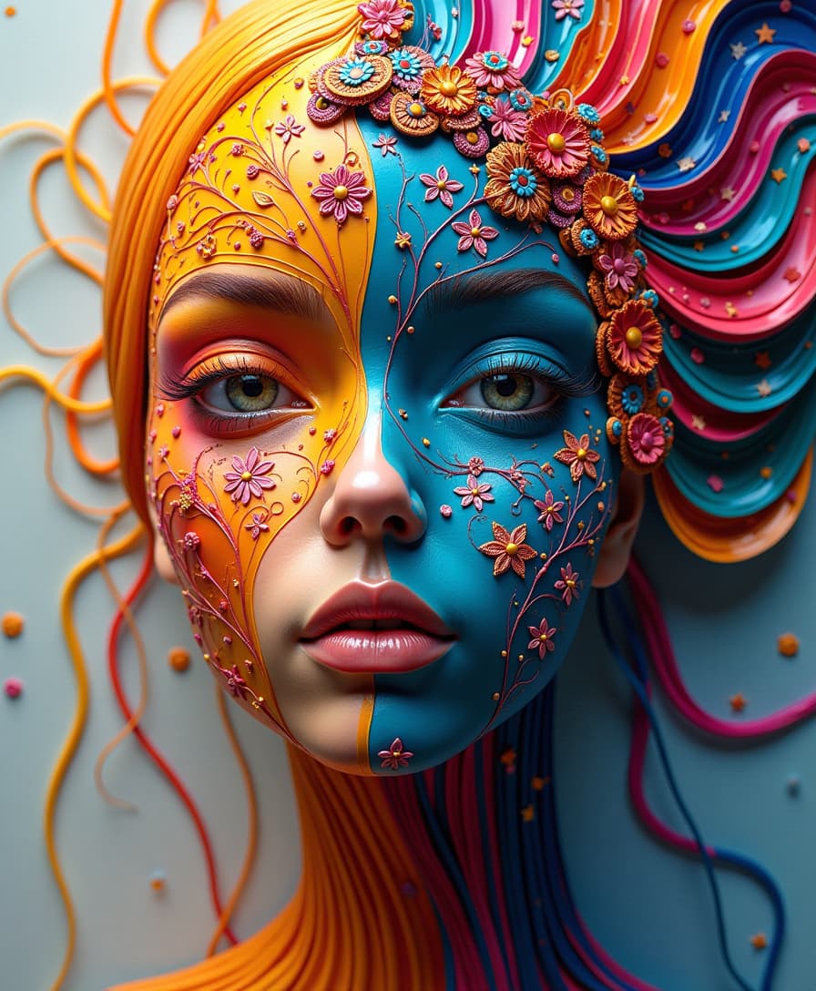 A mesmerizing composition emerges, featuring a half-human face seamlessly intertwined with dynamic abstract shapes decorated in intricate ornaments. The vibrant plastic stripes cascade down one side of the face, their fluidity enhanced by the ornate details that embellish the contrasting side. These plastic stripes glisten under the light, creating a captivating interplay between color and form. The intricate ornaments add depth and texture, transforming the piece into a stunning visual narrative that celebrates both human emotion and the beauty of abstract artistry. As the eye travels across the surface, the harmony of the design invites viewers to explore the intricate relationship between identity and creativity, revealing the enchanting fusion of materials and expressive forms.