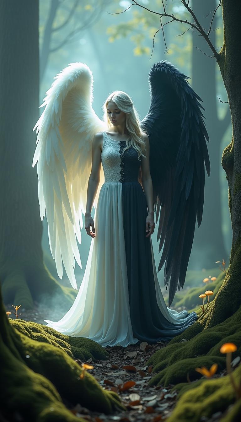 In a mystical forest shrouded in ethereal fog, an angel stands as a striking embodiment of duality. The left side of its form radiates purity, adorned with cascading white feathers that shimmer like starlight, each plume catching the soft, diffused glow filtering through the dense canopy above. Emitting wisps of ethereal fumes, its luminous skin glows with an almost translucent quality, casting a gentle illumination on the surrounding mossy ground rich in deep greens and soft browns, interspersed with glistening dew. In stark contrast, the right side of the figure is steeped in shadows, the jagged black feathers of its ominous wing absorbing light, creating an unsettling aura that darkens the nearby foliage while releasing dark, swirling fumes that mingle with the fog. The skin on this side is a deep, ashen gray, mottled with dark veins, further enhancing its eerie presence. Surrounding the angel are ancient trees with gnarled roots and twisted branches, their bark textured and weathered, while patches of luminescent fungi peek through the underbrush, casting a faint glow in the mist. The composition centers the angel, emphasizing the juxtaposition of light and dark, with a slight low-angle perspective that heightens its imposing stature. The soft and diffused lighting creates a dreamlike quality, while the overall visual style blends surrealism with photorealistic surrealism, inviting closer inspection of the intricate details and the fantastical, cinematic atmosphere that envelops this ethereal being.
