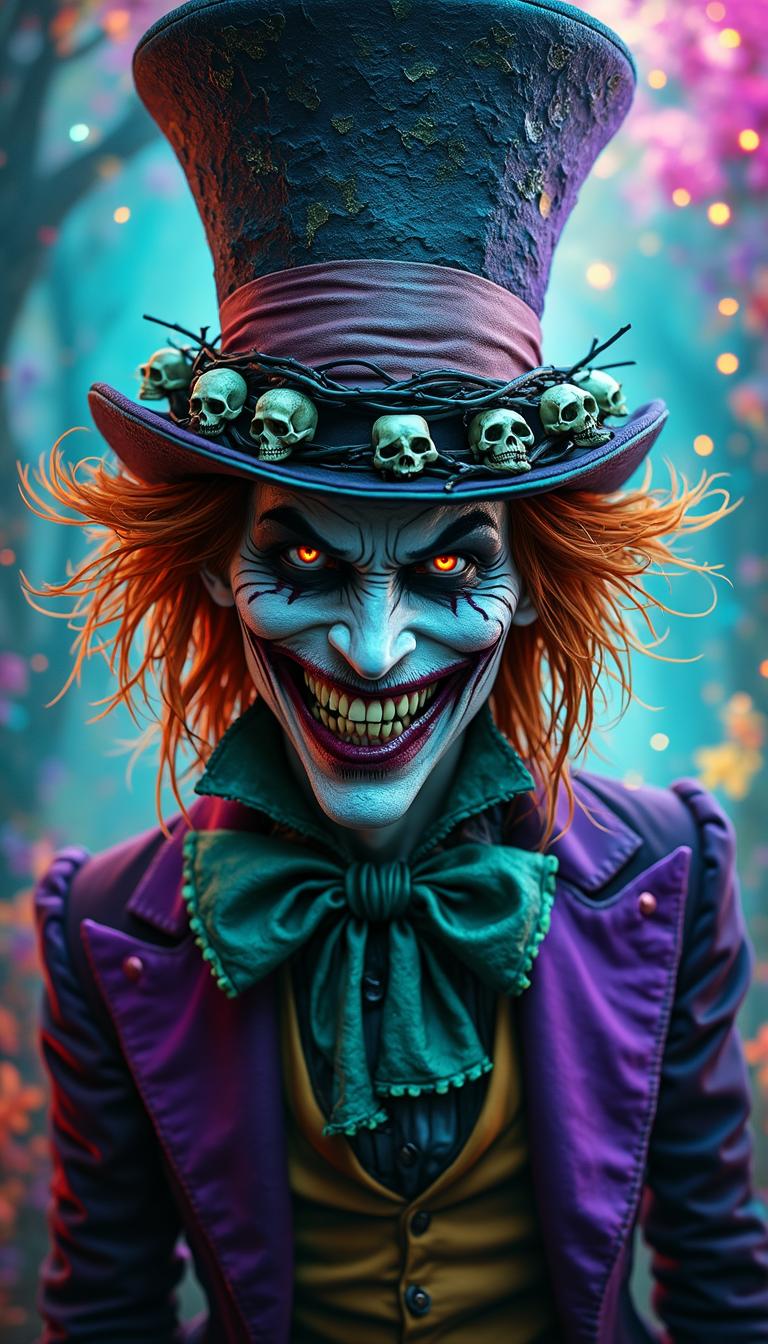 A sinister and twisted version of the Mad Hatter with a chaotic, eerie grin. He wears a tall, deep purple top hat covered in eerie, grinning skulls. Around the brim of the hat, a black crown of thorns wraps tightly, resembling the one worn by Jesus, adding a dark, symbolic edge. His wild, unkempt hair flows beneath the hat, and his eyes gleam with a psychotic intensity. His face is covered in smeared, unsettling makeup, and his jagged teeth shine through his manic smile. His outfit is a mix of Victorian elegance and madness, with a tattered yet flamboyant purple and green suit. The background is an explosion of vibrant neon colors—electric blues, radiant pinks, fiery oranges, and glowing greens—creating a surreal, psychedelic atmosphere. The lighting gives an eerie glow to his face, making him appear otherworldly and menacing.