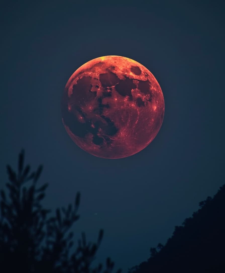 A dramatic and ominous total lunar eclipse at night, with the moon transformed into a deep, bloody red hue, suspended in a dark blue to black starry sky, set against a subtle, gradient twilight horizon, with silhouetted trees or mountains in the foreground, and a hint of lunar surface texture and crater details, illuminated by an ethereal, soft, and warm glow, capturing the otherworldly atmosphere of this rare celestial event.