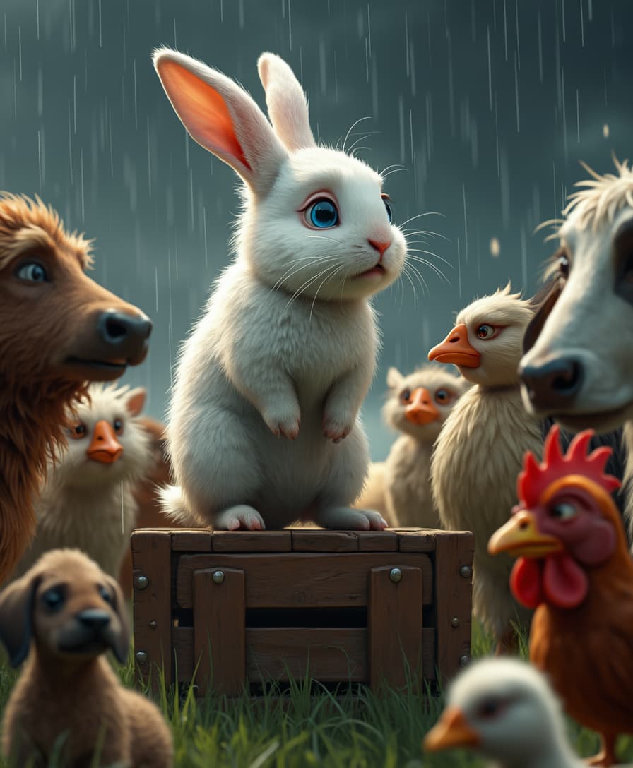 A hyper-realistic and cinematic digital painting of the small, fluffy white rabbit with big, expressive blue eyes standing on a wooden crate, addressing the other animals. His fur is soaked from the rain, but his eyes shine with determination. The farm animals—cows, chickens, ducks, and even a worried-looking farm dog—gather around, listening intently. The storm rages behind them, but there is a sense of hope in their expressions as they prepare to work together.
