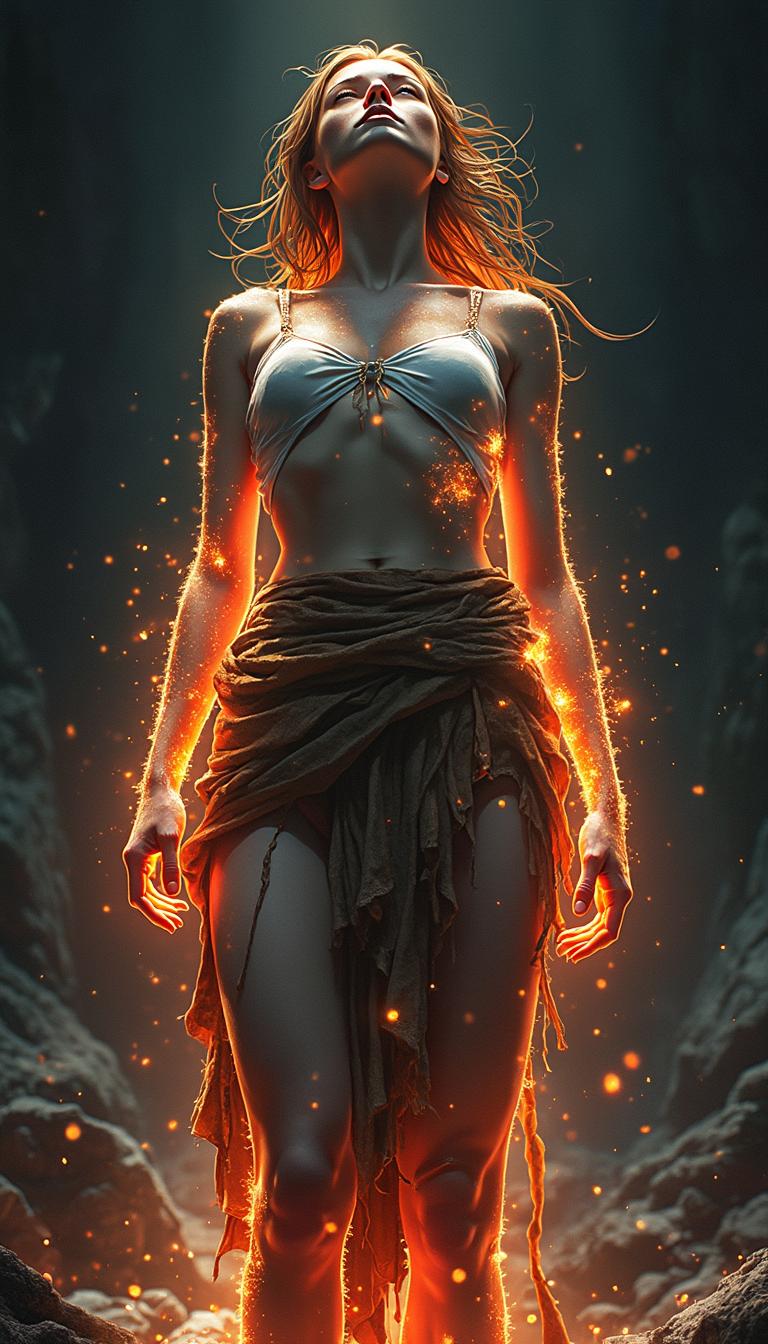 a breathtakingly realistic illustration of a strong, determined female figure with intricate, tattered clothing, standing proud with her head tilted back, gazing upwards, surrounded by vibrant, pristine glowing outlines that radiate a warm, ethereal light, set against a dark, dramatic background, viewed from a low, reverent angle, with an emphasis on high-contrast, ultra-high-resolution details that showcase the texture of her skin, the folds of her clothes, and the subtle nuances of her facial features, all bathed in a soft, luminous glow that accentuates her powerful, radiant presence.
