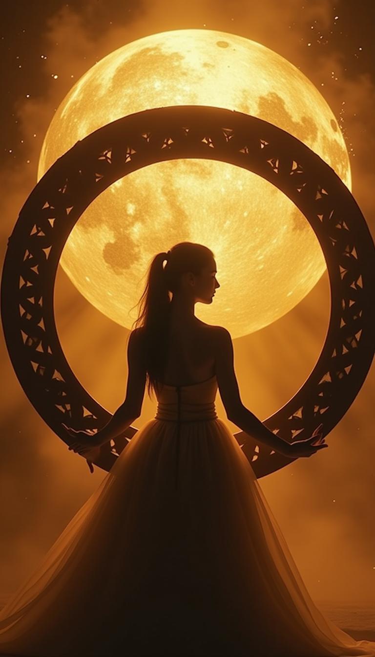 Against a misty and golden brilliant background, the elegant silhouette grabs a large and ornate gong, her curves and details subtly defined, capturing the moment of dramatic and meditative sound production, with the edges of the gong gently illuminated, infusing the atmosphere with a feeling of serenity and mystical connection, forming a surprising and peaceful composition that exudes harmony and spirituality.