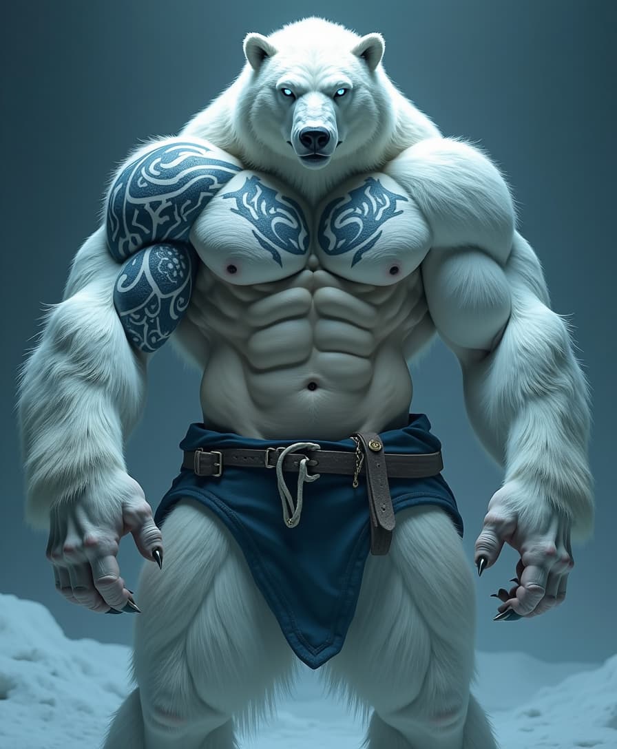 A monstrous yet majestic hybrid of man and polar bear now stands, a perfect fusion of raw power and primal instinct. His massive, hyper-defined muscular body is covered in thick, ultra-detailed white fur, but his abs, arms, and legs remain incredibly sculpted. His tribal tattoos glow through the fur, looking like ancient mystical runes. His face is partially bear-like but retains strong human intelligence, with icy blue glowing eyes. His massive hands now have sharp claws, but his posture remains controlled, exuding dominance and wisdom. He wears dark, rugged battle-worn shorts, his stance radiating pure alpha energy. 4K ultra-realistic, cinematic lighting, no blur, high-definition textures, hyper-detailed, dramatic atmosphere.