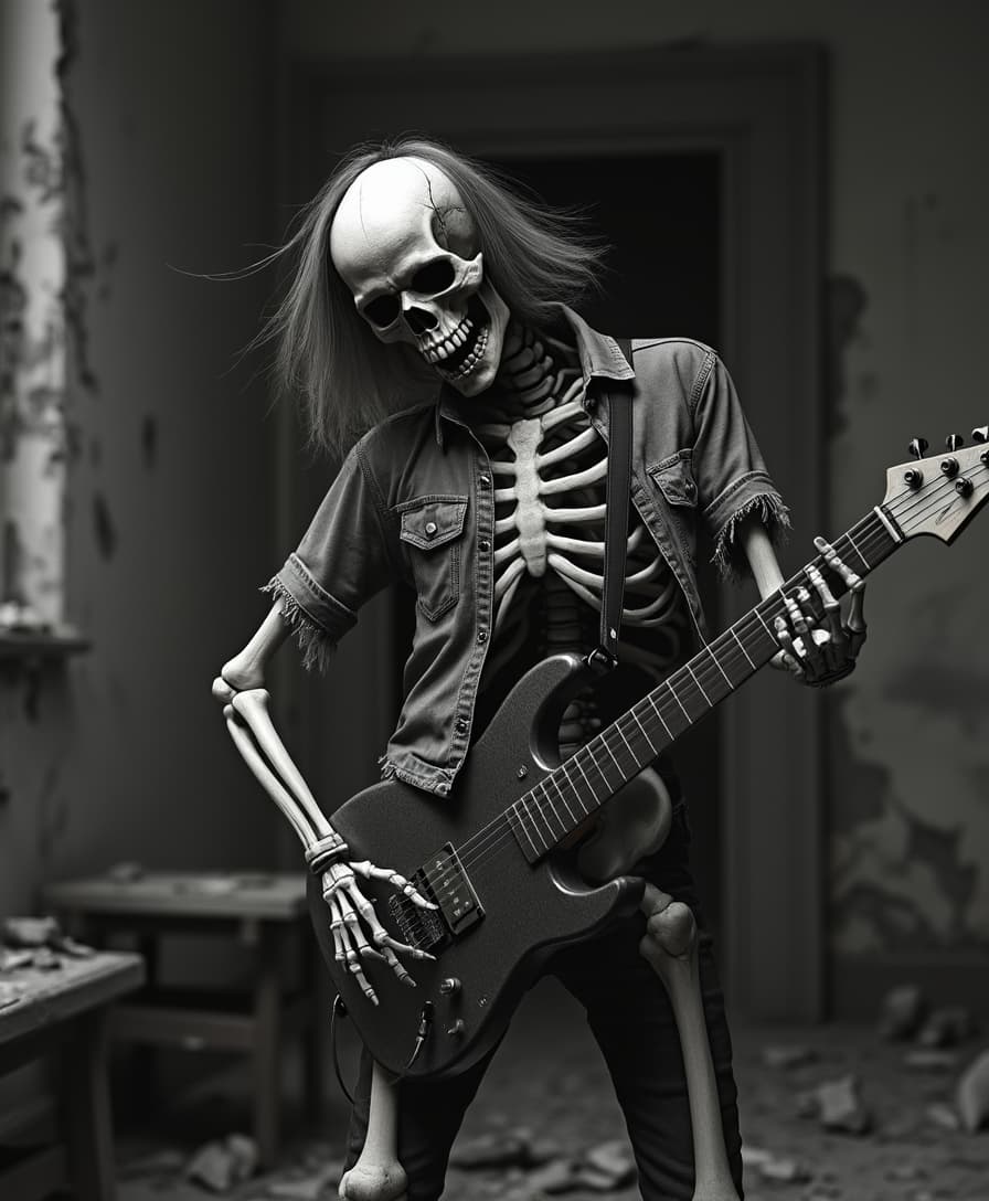 A dramatic, high-contrast, black and white photograph of a 3D skeleton in a horror-inspired setting, grasping an electric guitar with skeletal fingers, its half-length hair blown back as if by an unseen force. The skeleton is dancing in a tattered, worn shirt with frayed edges, its bony framework seemingly energized by the music. The background is a dark, desolate, and abandoned location, with crumbling walls, broken furniture, and scattered debris, evoking a sense of foreboding and decay. The image is rendered in a gritty, grainy style, with a shallow depth of field, reminiscent of candid film photography captured with a 35mm or 50mm lens. The lighting is harsh and directional, with strong shadows that accentuate the skeleton's bony features. The overall mood is one of dark energy and rebelliousness, as if the skeleton has risen from the dead to rock out in this forsaken place.