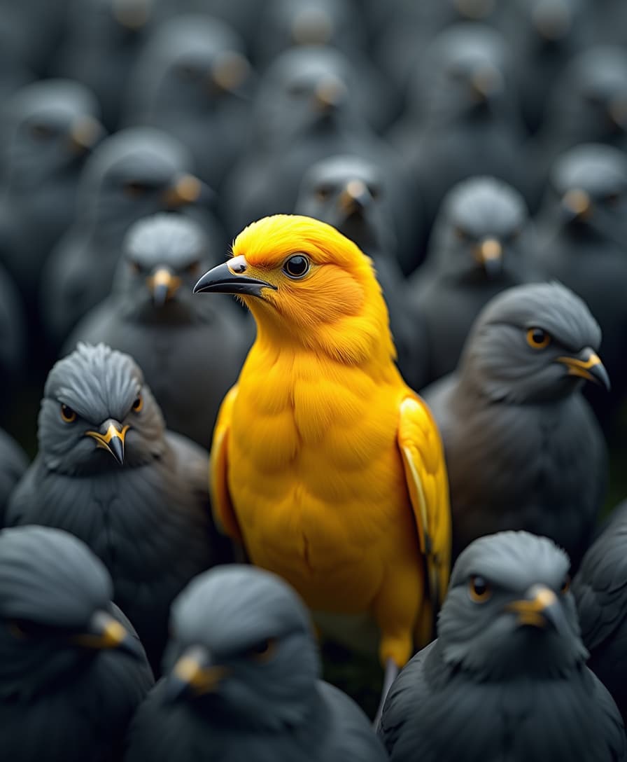 Create a hyper realistic image where there will be a smart, proud, beautiful yellow bird in the center and around, filling the entire background, will be gray identical birds looking at it