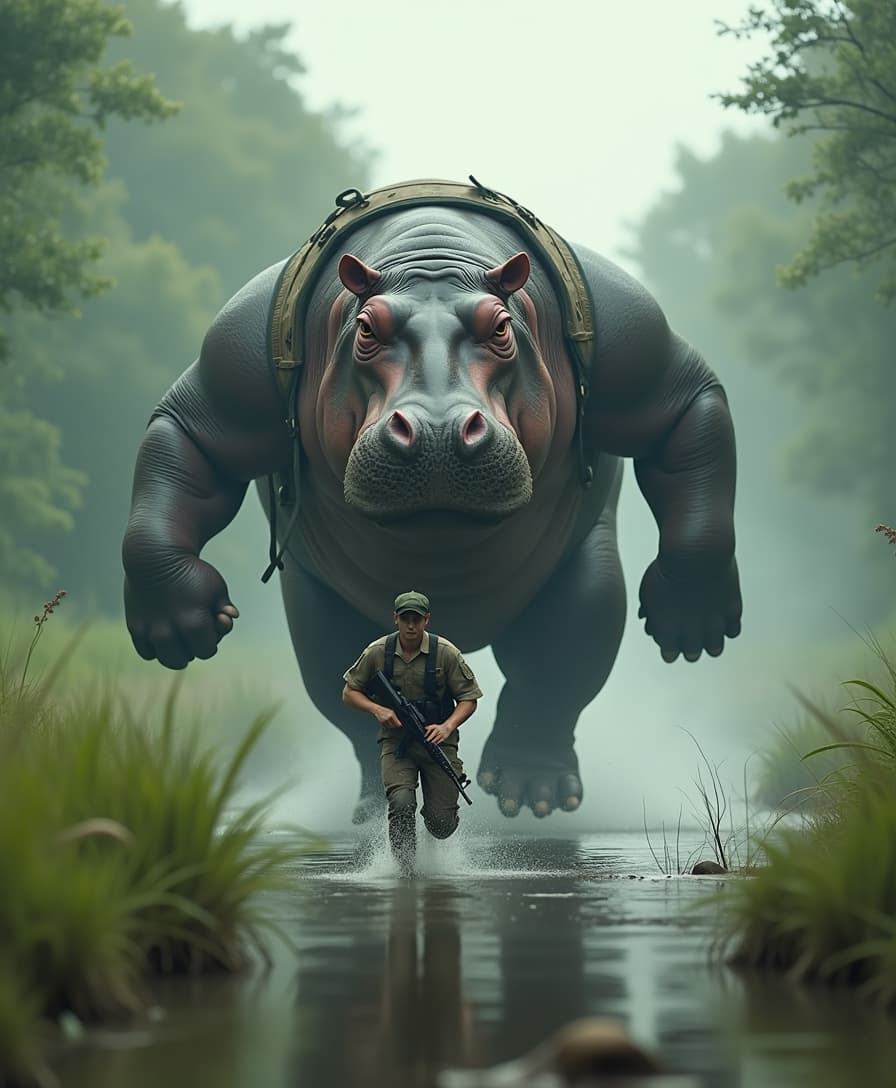Hyper-realistic cinematic image in 8K, featuring a massive humanoid anthropomorphic hippopotamus with a muscular, titanic human body and hippopotamus skin. The hippo is wearing military gear, running at high speed toward the camera with a fierce, glowing gaze and massive tusks. In front of it, a small soldier in military uniform is running away, holding an assault rifle. The scene is set in an African swamp, with dense vegetation and mist swirling around, creating a dramatic and intense atmosphere as the hippo chases the soldier