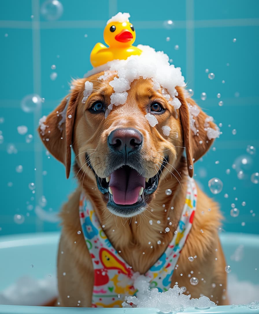 This photo grade cute brown Labrador with open mouth, wearing colorful patterned clothes, is in the bathtub. There is a yellow rubber duckling with foam on its head. It is covered with soapy water and bubbles everywhere. Under the bright blue background, its face has an interesting expression. This photo was taken with a Canon EOS camera, producing an ultra realistic and detailed image