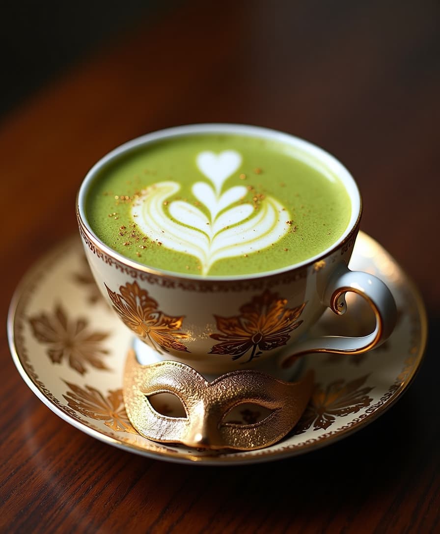 Golden Masquerade Matcha – A rich, creamy matcha latte infused with edible gold dust, served in an ornate teacup with a tiny sugar masquerade mask on the saucer.