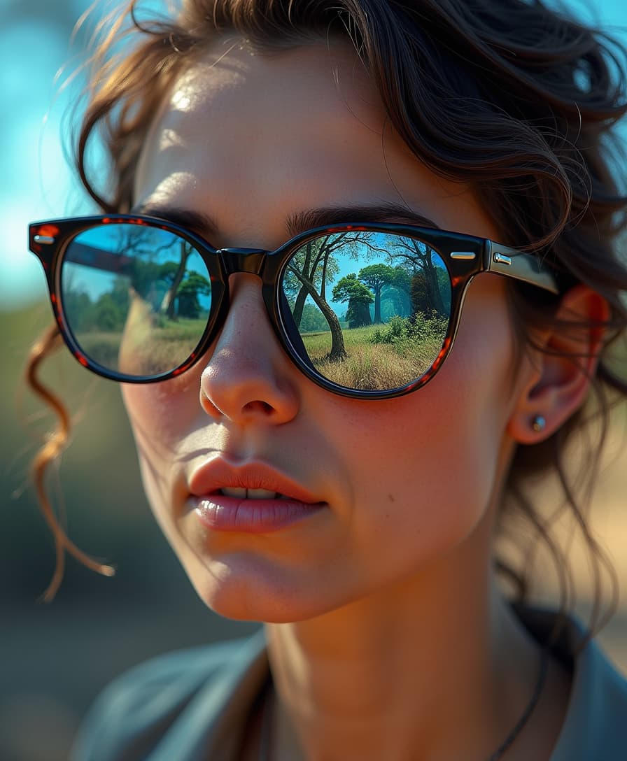 In her glasses we see a reflection of a Baobab Aurora Forest 