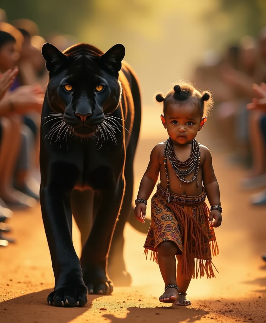 A 1-year-old baby, dressed in traditional African tribal attire--an intricate beaded necklace, a flowing patterned wrap, and ankle bracelets--walks beside a full-sized black panther on the runway. The panther’s sleek, obsidian-black fur shimmers under warm golden lighting as subtle dust swirls around their feet. The baby’s measured steps align perfectly with the panther’s silent, predatory grace. The crowd watches in awe as the striking duo moves through an otherworldly, sunlit mirage, with the low handheld camera capturing their regal and mystical presence