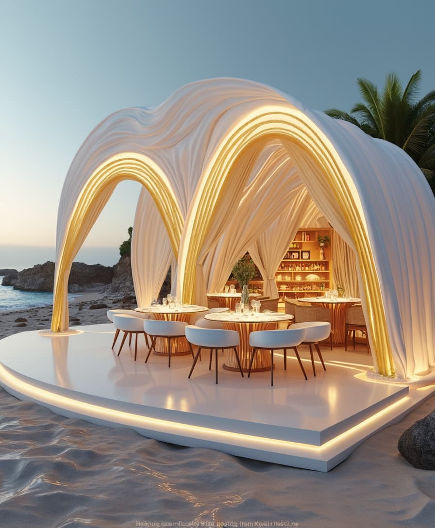 a fancy popup restaurant on the beach made of golden arches and flowy white fabric, luxurious restaurant on the beach, realistic rendering, high end pavilion architecture, 8k image, 