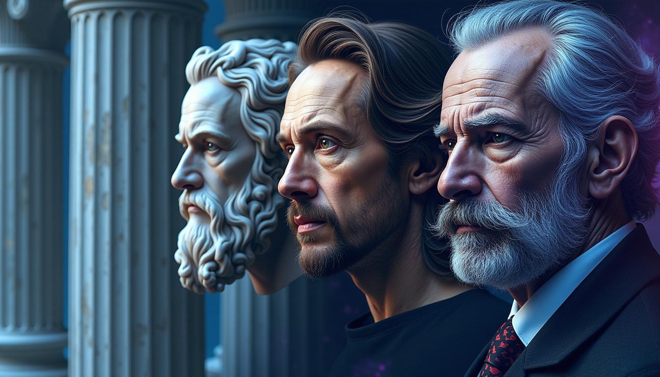 Create a dream-like digital art piece showing three philosopher faces transitioning into each other: Socrates on the left in weathered marble, his expression questioning and wise; Kant in the middle, rendered in Renaissance oil painting style, deep in contemplation; and Nietzsche on the right, his intense gaze and distinctive mustache dissolving into modern digital pixels and binary code. The background should fade from ancient Greek columns to cosmic nebula, with a deep blue and purple color scheme suitable for a sleep channel. All three faces should have a gentle, dreamlike quality despite their distinct characteristics, suggesting wisdom rather than intensity