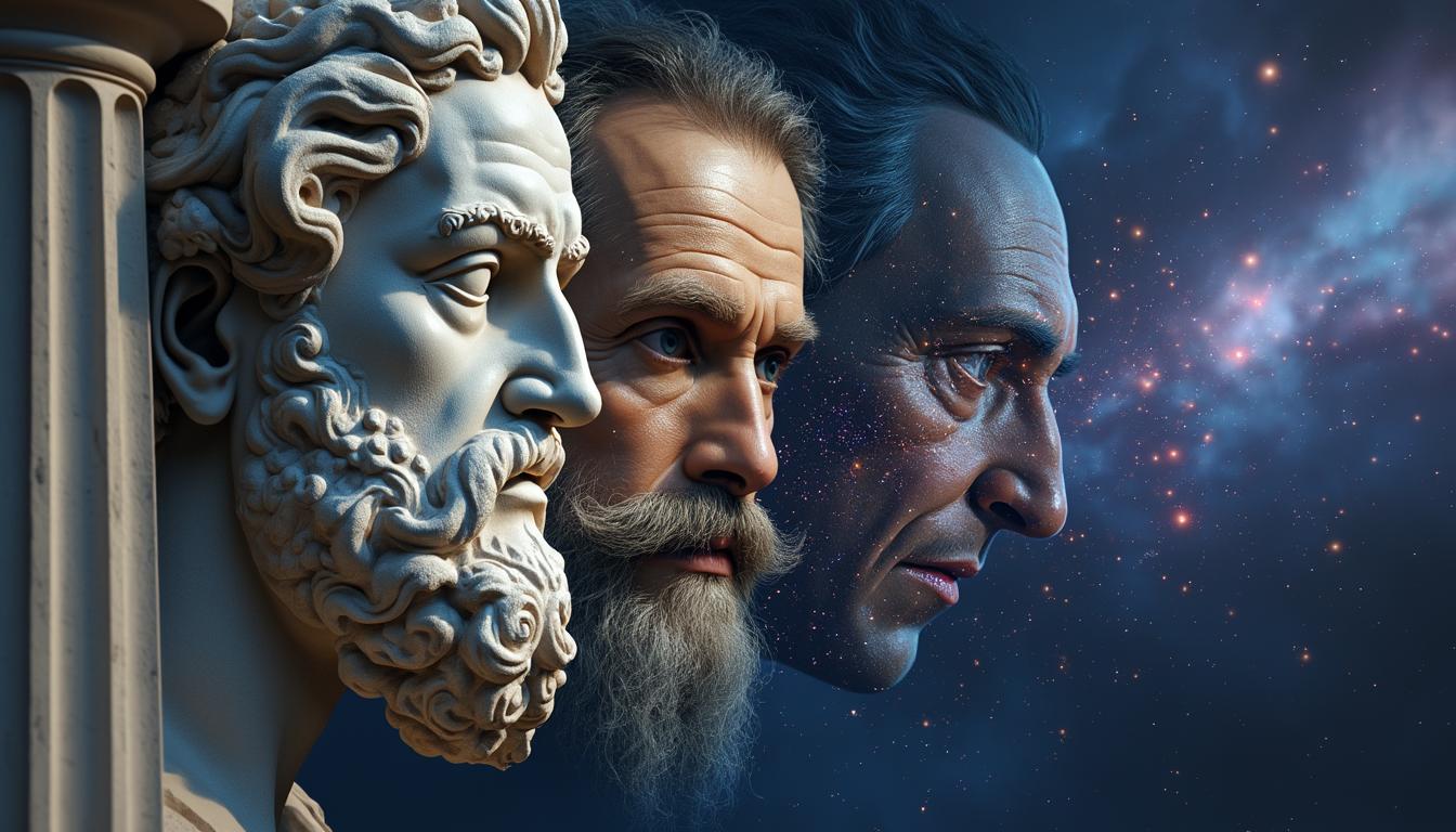 Create a dream-like digital art piece showing three philosopher faces transitioning into each other: Socrates on the left in weathered marble, his expression questioning and wise; Kant in the middle, rendered in Renaissance oil painting style, deep in contemplation; and Nietzsche on the right, his intense gaze and distinctive mustache dissolving into modern digital pixels and binary code. The background should fade from ancient Greek columns to cosmic nebula, with a deep blue and purple color scheme suitable for a sleep channel. All three faces should have a gentle, dreamlike quality despite their distinct characteristics, suggesting wisdom rather than intensity