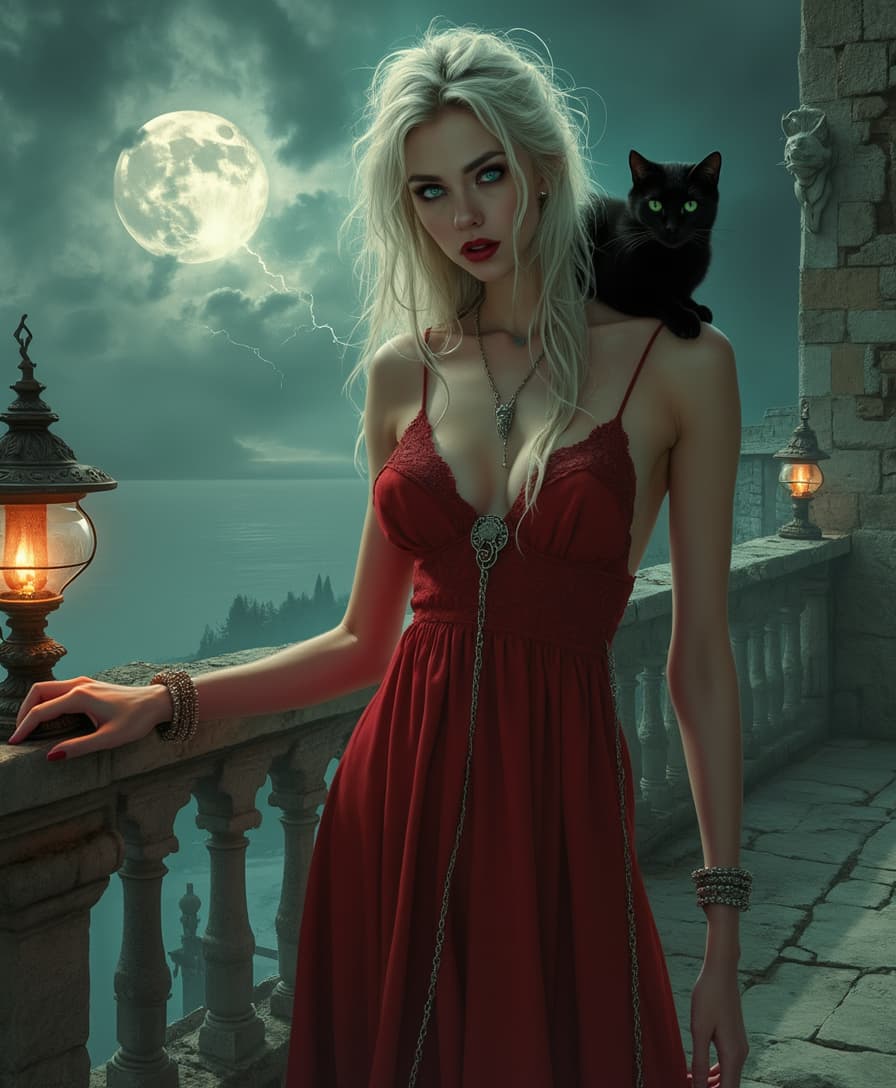  A beautiful Spanish woman with long, she is looking straight at the camera, blonde white hair,  hair that falls like a waterfall over her bare shoulders. Her extremely expressive eyes are an emerald green color, which is almost hypnotic and captures the viewer. Her thick, moist and sensual lips are slightly parted. She wears a loose red dark gothic dress, open at the front with a wide "V" neckline that reaches to the waist and partially shows her beautiful breasts. The dress is adorned with silver chains and intricate lace, which gives the character a sinister elegance.She is standing on a misty, moonlit balcony of a crumbling gothic castle. Her skin is pale, her gaze intense and seductive, while a black cat sits on her shoulder. She has one arm extended, holding in her hand, an old lamp, which accentuates the chiaroscuro between the weak flame and the pale skin, all of which gives the scene a dramatic and disturbing tone.The atmosphere is dark and mysterious, with a sense of both elegance and danger. Shadows from twisted iron railings and ancient gargoyles cast eerie patterns across the stone floor, while the night sky is filled with swirling clouds and a distant lightning storm. The style is evocative of Luis Royo's gothic and sensual art, balancing dark beauty with an erotic undertone.