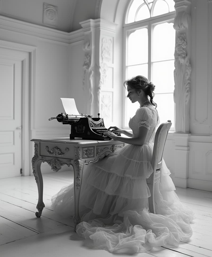 imagine  a black and white image of a fantasy style victorian woman in a stark white surreal room, she sits at an old fashion typewriter.