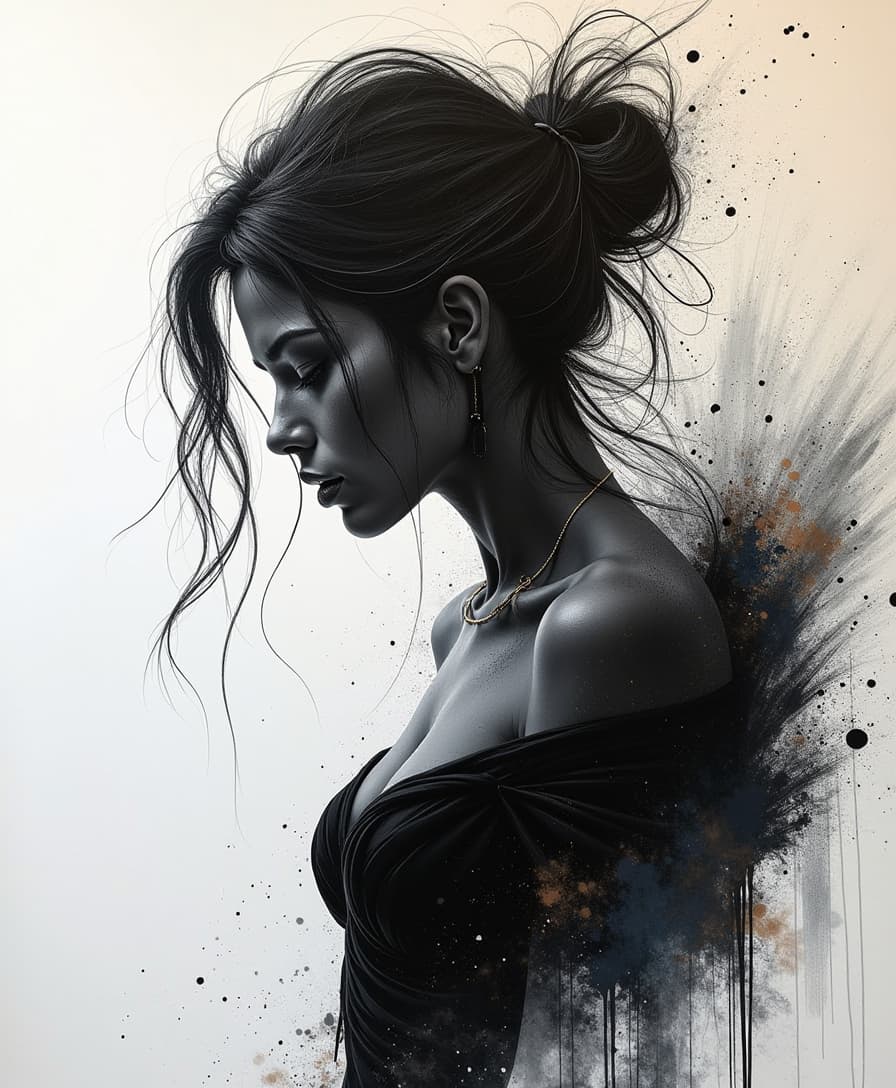 Speed paint_with_large_brush_strokes_and paint splatter by Jeremy Mann, Pino Daeni, Alphonse Mucha and Alex Maleev and Liz Gael, oil splash, Paint Strokes, Ink Drip, a masterpiece, 8k resolution, trending on artstation, highly detailed intricate, black_line art, sharp focus